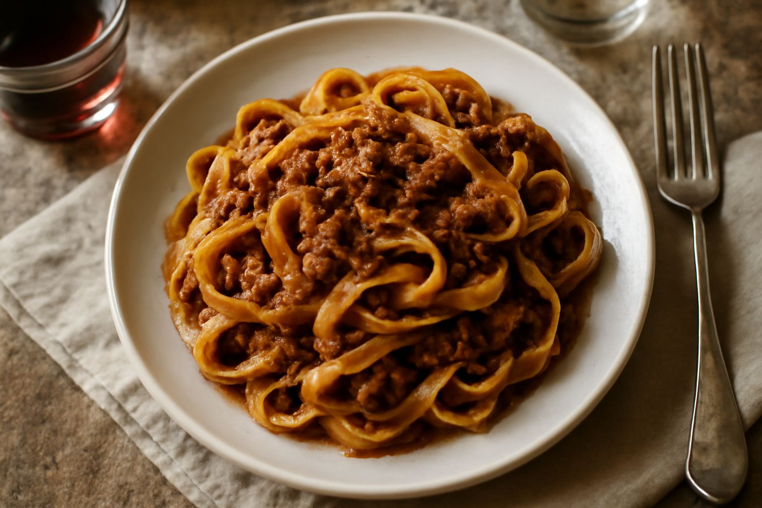 Piatto di fettuccine al cinghiale su fondo bianco: pasta giallo-dorata ricoperta di ragù marrone scuro, con una grattugia di pecorino romano bianco sulla superficie, contorno di ragù che fuoriesce dal