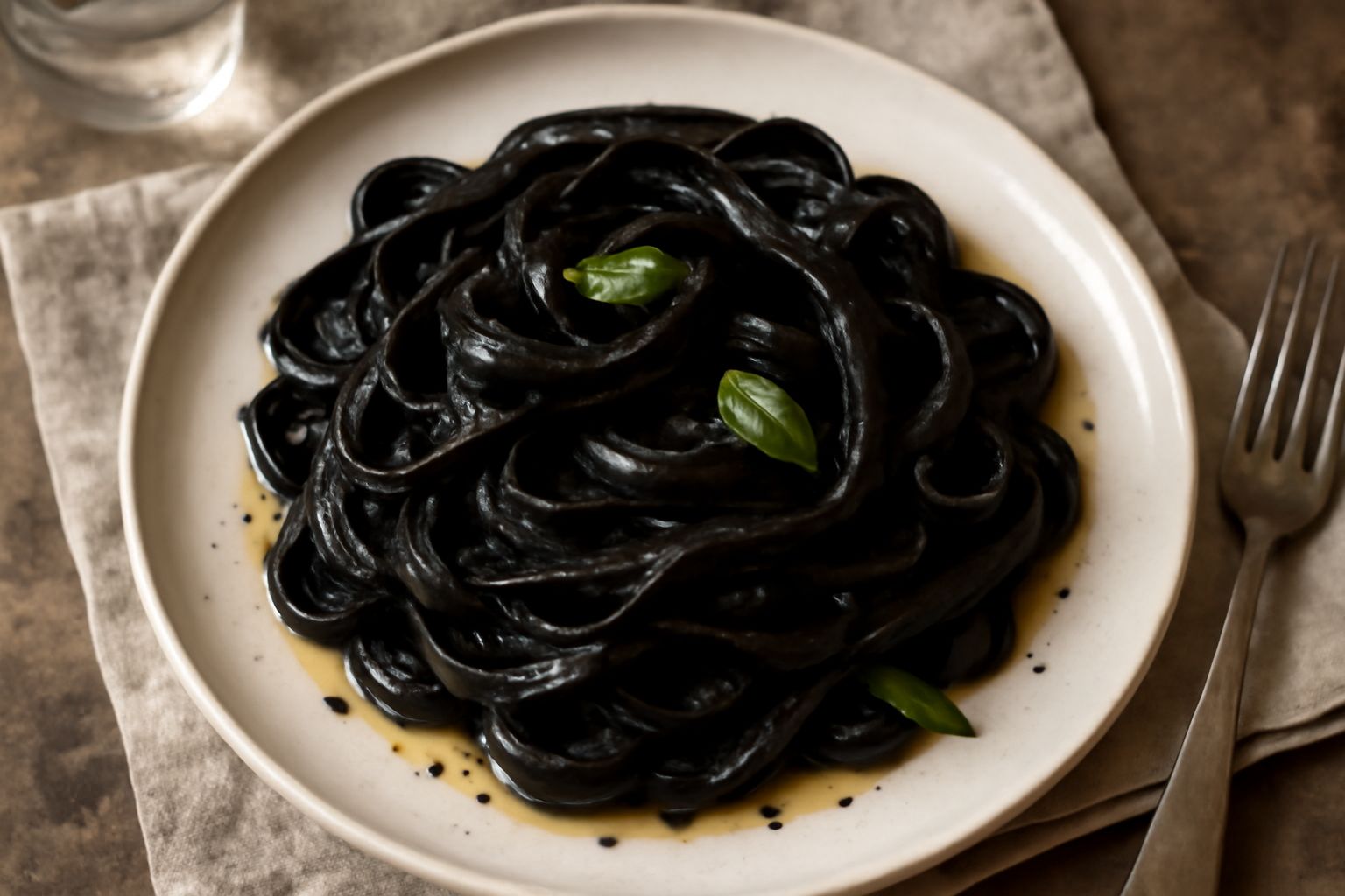 Piatto bianco con fettuccine nere cremose al nero di seppia, guarnite con un filo di olio extravergine, pepe nero e prezzemolo fresco, impiattamento elegante su fondo neutro