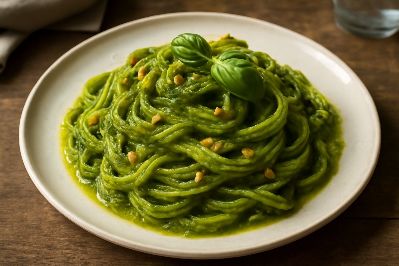 Fettuccine al pesto in un piatto bianco, ricoperte di salsa verde brillante, con foglie di basilico fresco e pinoli dorati visibili sulla superficie, condite con olio extravergine che lucida il piatto