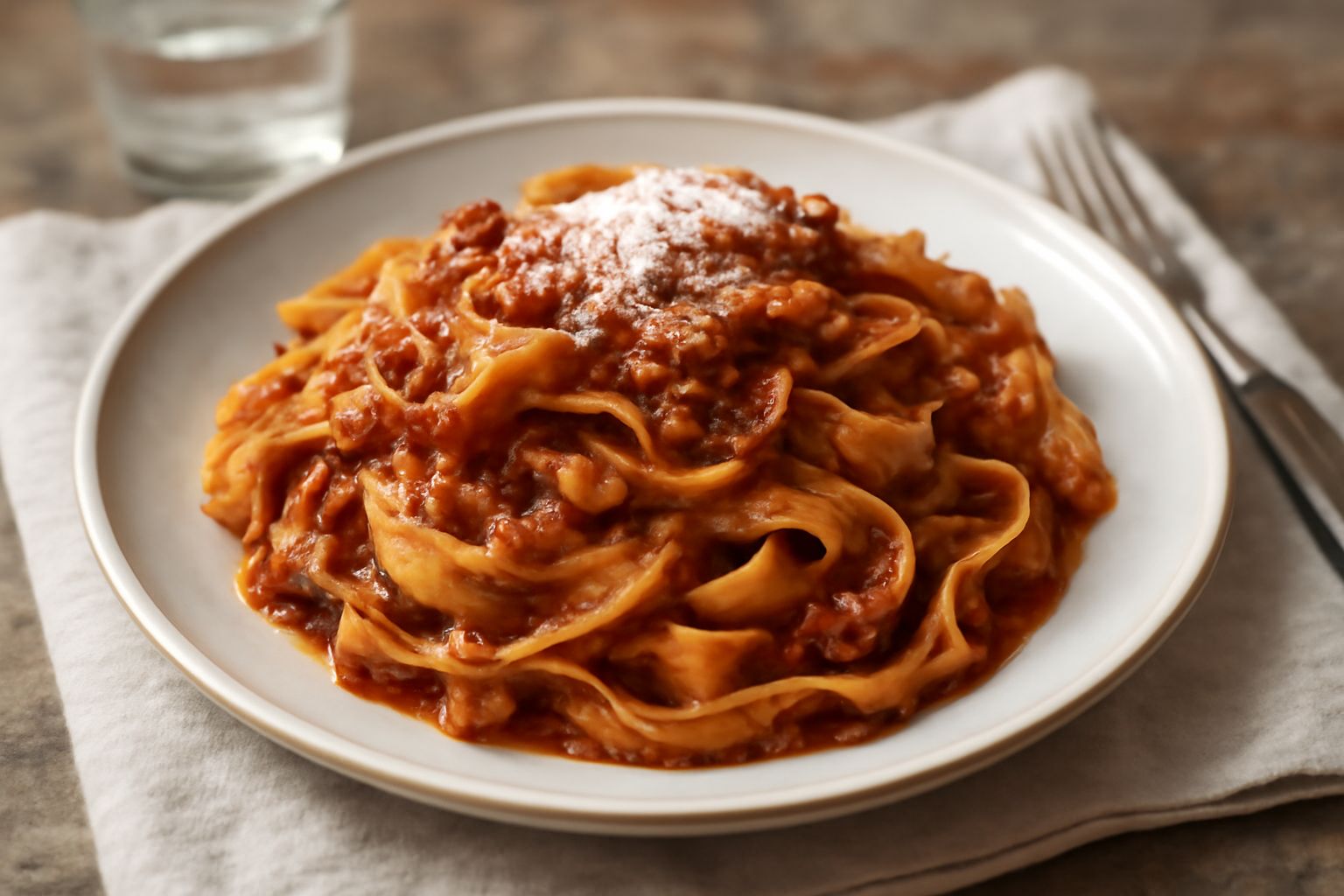 Piatto di fettuccine al ragù viste dall alto: pasta larga color ambra avvolta da ragù rosso scuro, parmigiano reggiano grattugiato in superficie, piccolo cespo di prezzemolo fresco a lato