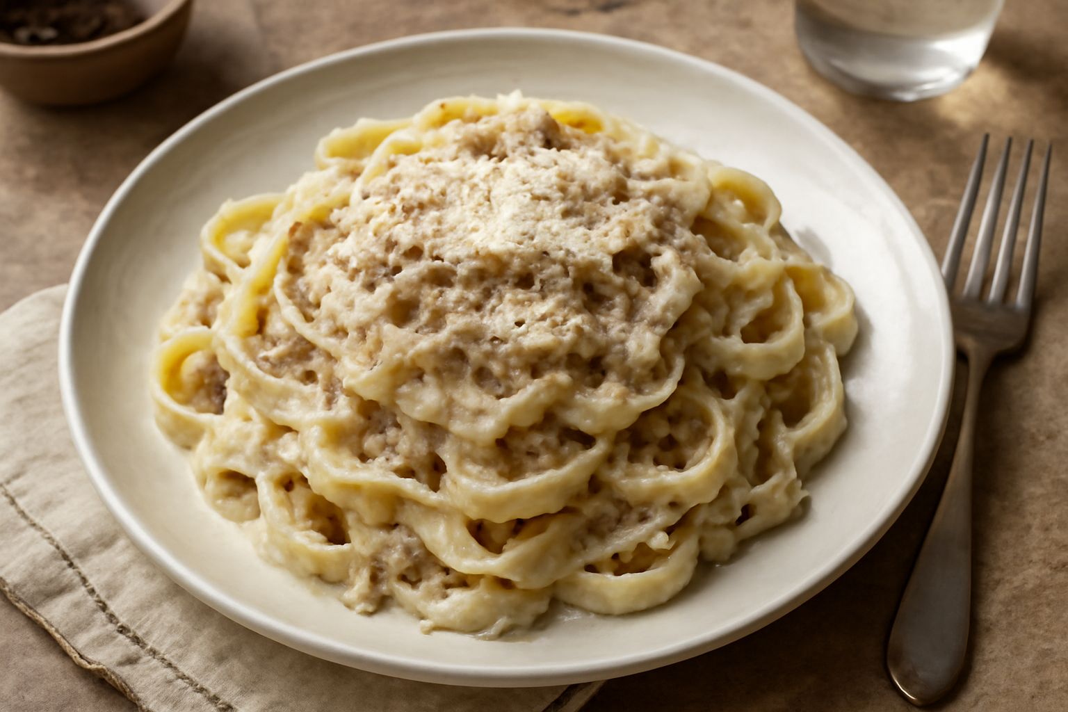 Piatto di fettuccine al ragù bianco condite con salsa cremosa bianca, carne macinata visibile, una cascata di pasta intorno, spolverata di parmigiano grattugiato e pepe nero, su un piatto bianco fondo