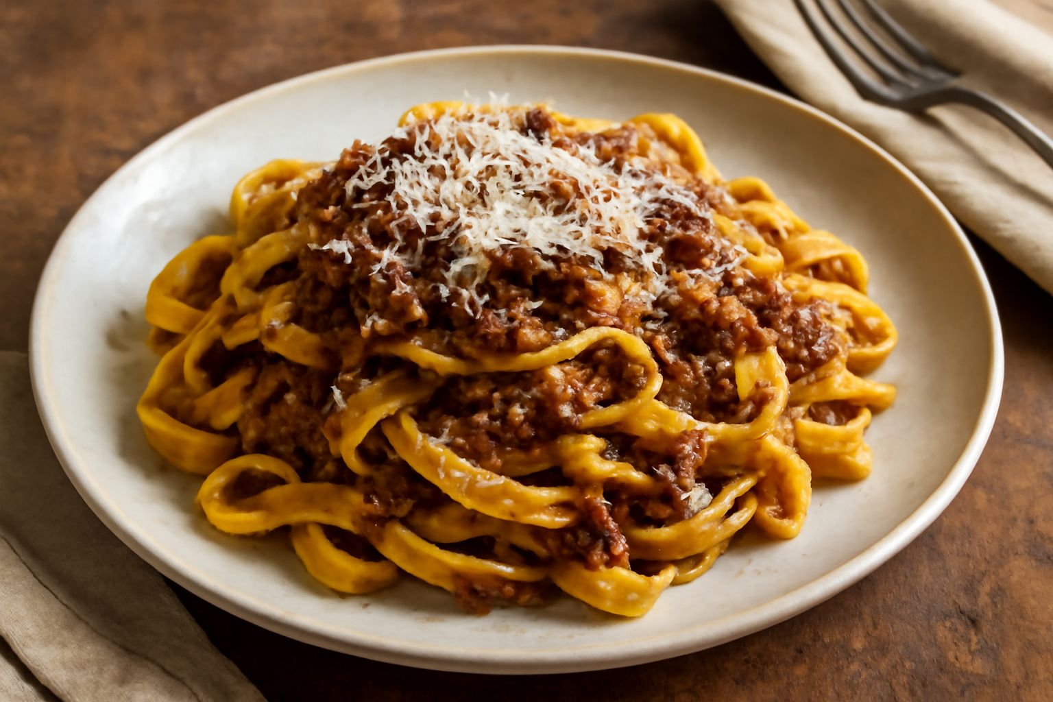 Piatto di fettuccine bianche ricoperte di ragù marrone scuro, frammenti di carne visibili, parmigiano grattugiato sopra, forchetta a sinistra, superficie di marmo grigio