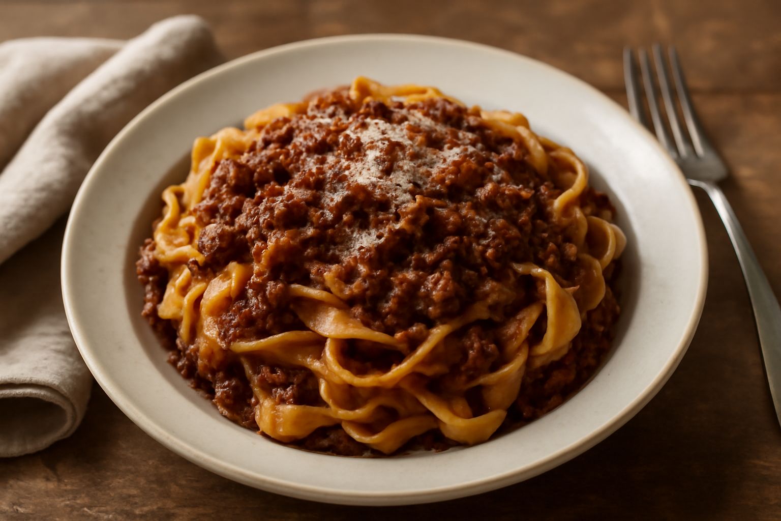 Fettuccine condite con ragù modicano denso e scuro, carne visibile nel sugo, servite in piatto bianco con grana grattugiato e basilico fresco in superficie