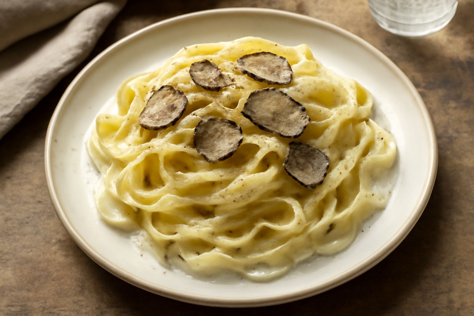 Piatto di fettuccine al tartufo con nastri di pasta giallo dorato rivestiti di salsa cremosa, grattugiata di tartufo nero in lamelle sottili, formaggio parmigiano grattugiato sparso in superficie, bur