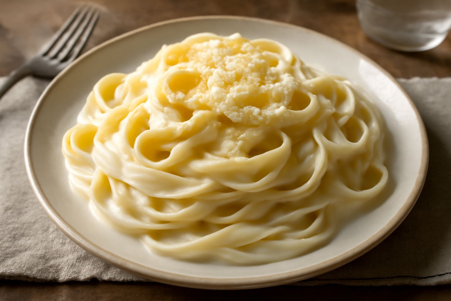 Piatto di fettuccine gialle con salsa cremosa bianca, guarnite con una foglia di prezzemolo verde e una grattugia di parmigiano, servite su piatto bianco fondo