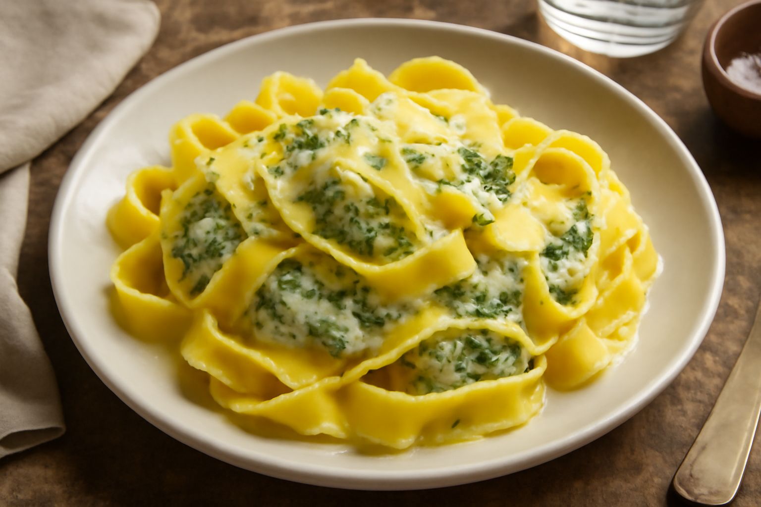 Piatto bianco con fettuccine larghe e arricciate, piene di ricotta bianca e spinaci verdi, condite con burro sciolto lucido e scaglie di parmigiano grattugiato, servite in primo piano