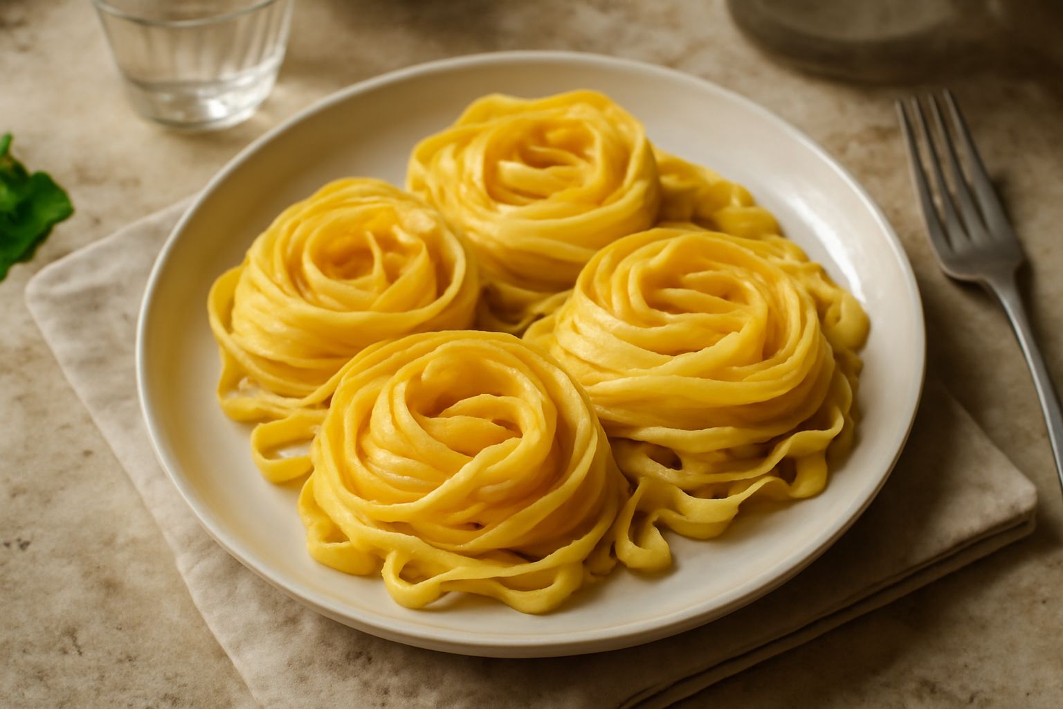 Fettuccine all'uovo arrotolate in nidi su tavolo di legno, accanto a uova intere e farina bianca, pasta giallo dorato con riflessi chiari