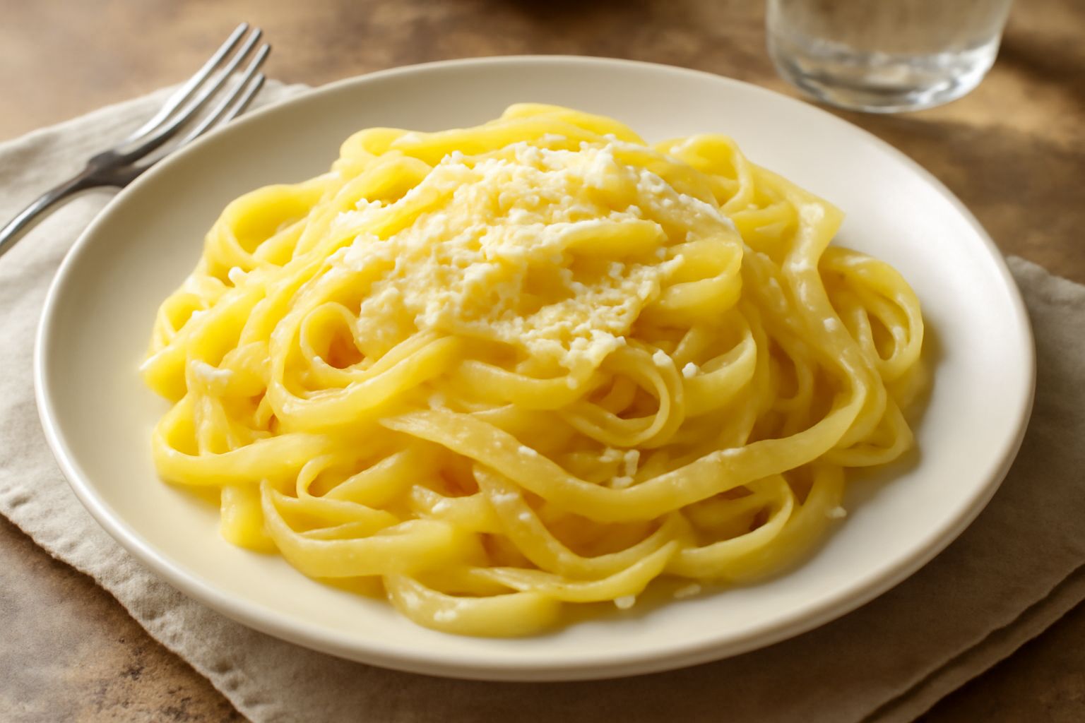 Piatto di fettuccine giallo crema con scaglie di parmigiano bianche sparse in superficie, burro brillante a vista, servito su piatto bianco con forchetta a lato