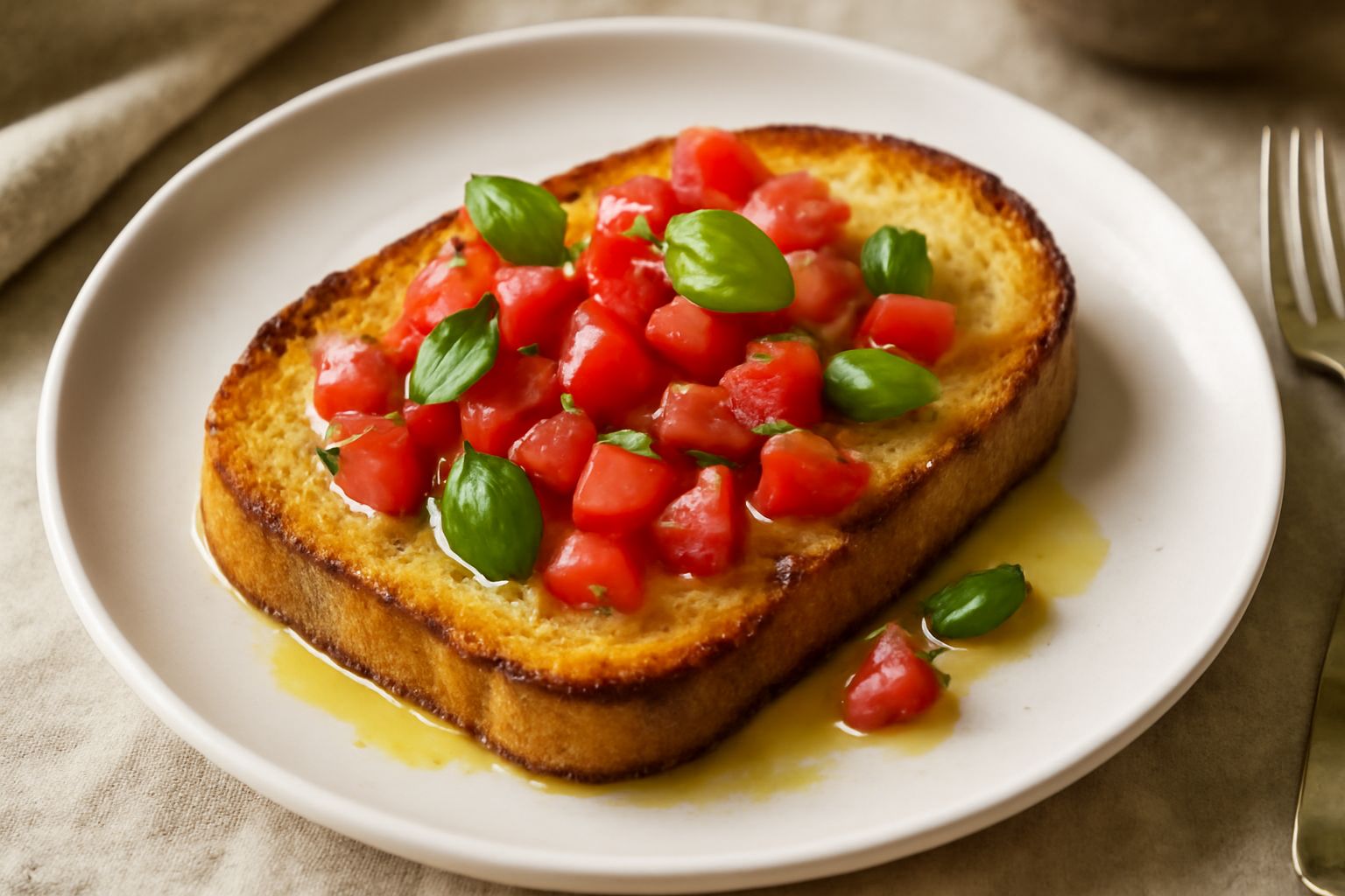 Fette di pane tostate e dorate su piastra, strofinate d'aglio, condite con olio extravergine lucido, pomodoro rosso fresco e basilico verde, servite in piatto bianco