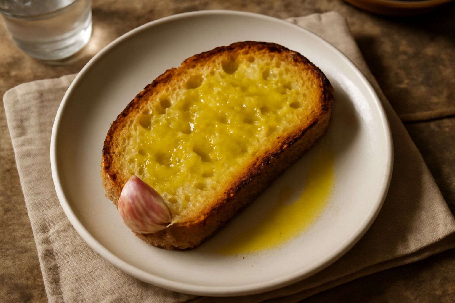 Fette di pane tostato dorate con gocce di olio verde brillante e spicchi di aglio fresco su un piatto bianco