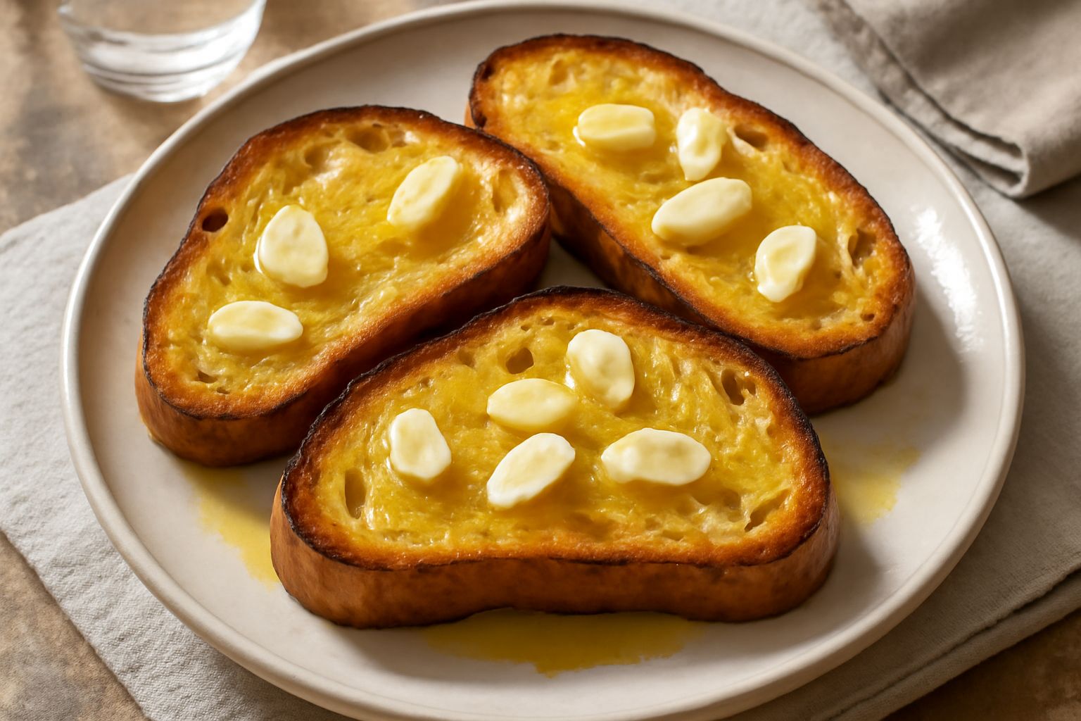 Fettunta piemontese su piatto bianco: fette di pane tostato color dorato, superficie lucida di olio extravergine, grani di sale grosso visibili, aglio fresco a fettine sottili poggiate sulla superfici