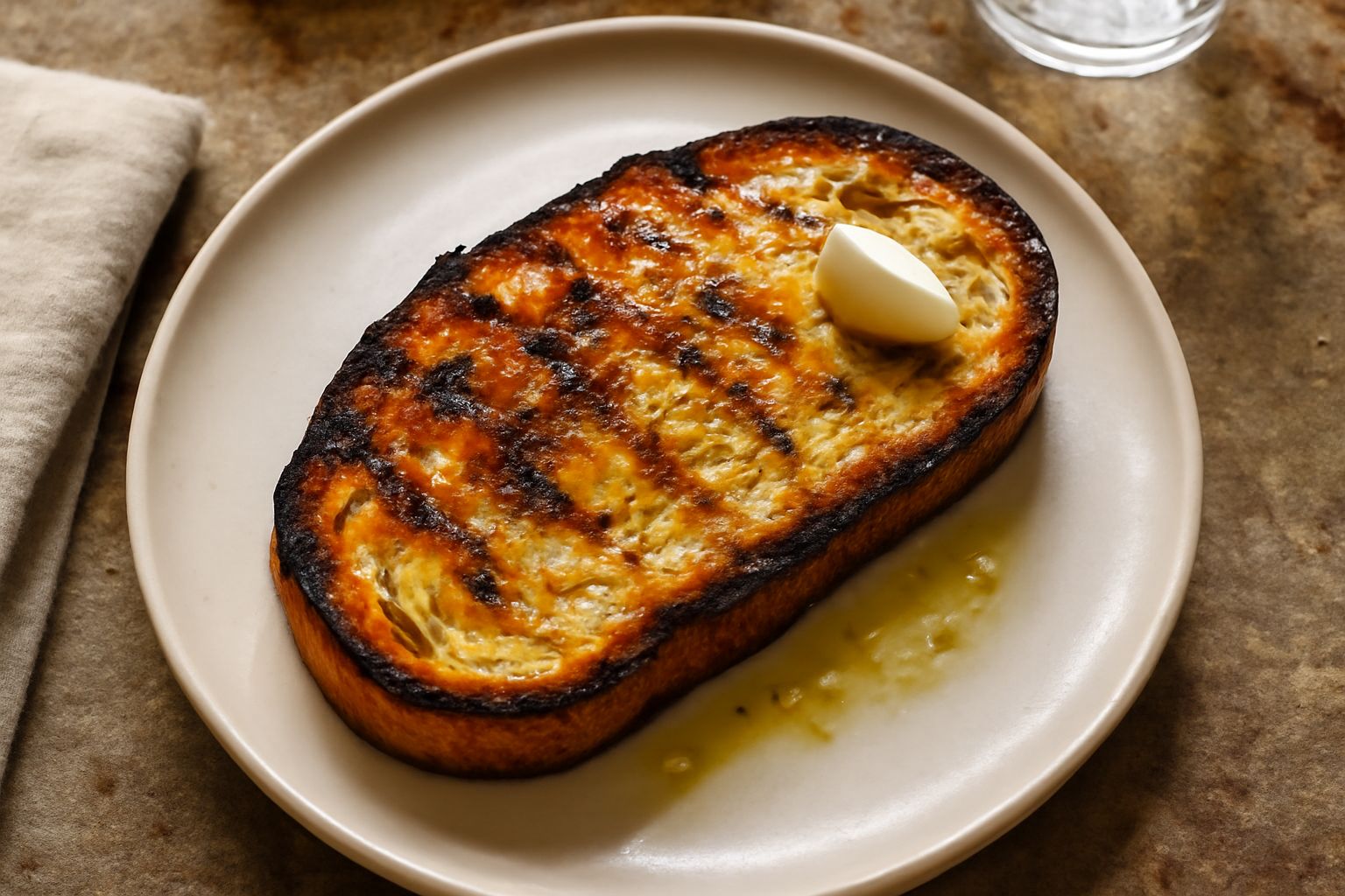 Fettunta romana appena tostata su un piatto bianco, superficie dorata e croccante, striature scure dal fuoco, olio lucido in superficie, spicchio d'aglio poggiato accanto
