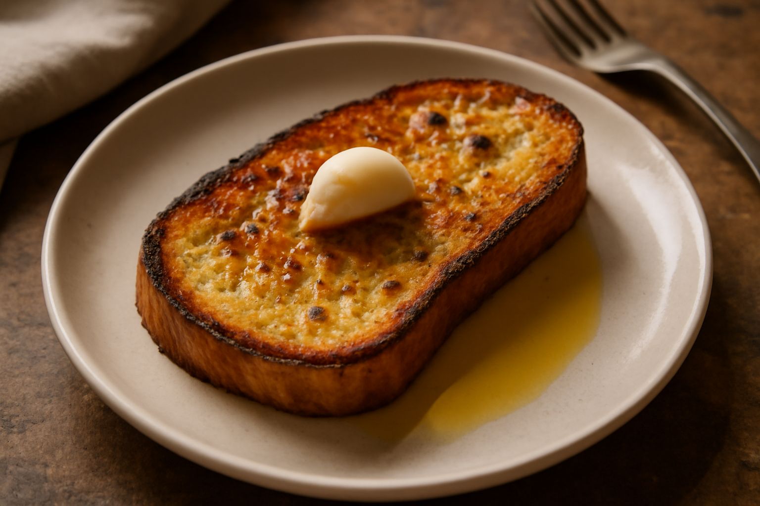 Una fetta di pane tostato color oro, sfregata d'aglio visibile, bagnata di olio di oliva, poggiata su un piatto bianco con gocce di olio intorno, pepe nero in polvere sulla superficie