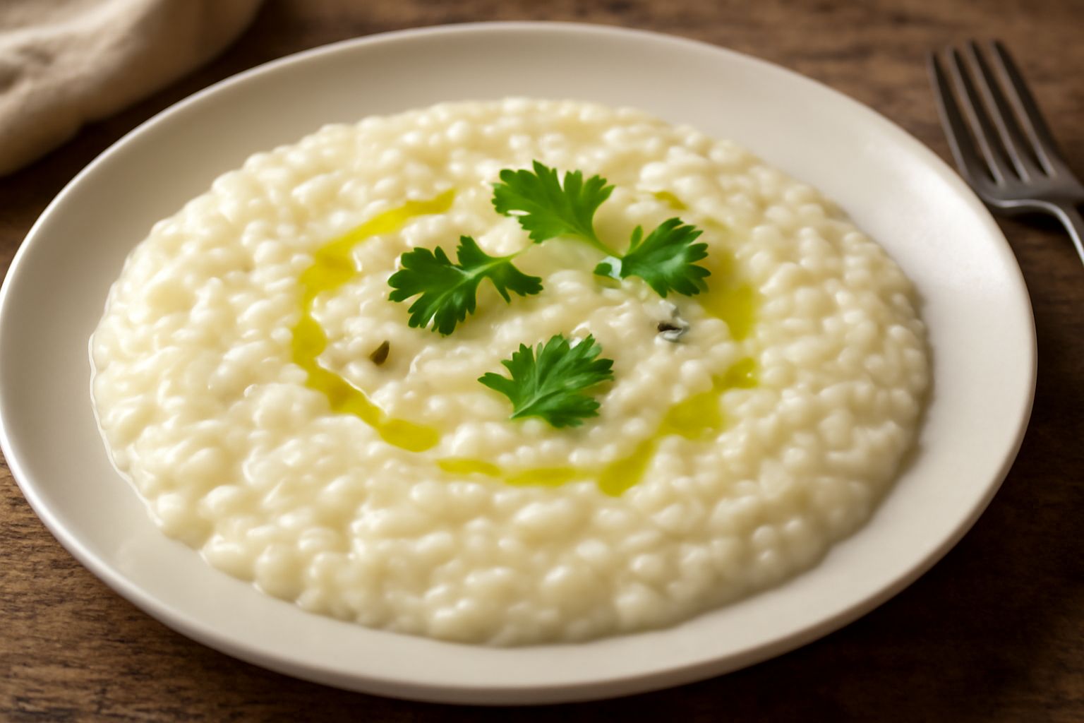 Risotto cremoso bianco-avorio in piatto fondo di ceramica, mantecato con brodo, granello di riso visibile, gocce di olio d'oliva verde a vista, garnish di prezzemolo fresco e scaglie sottili di parmig