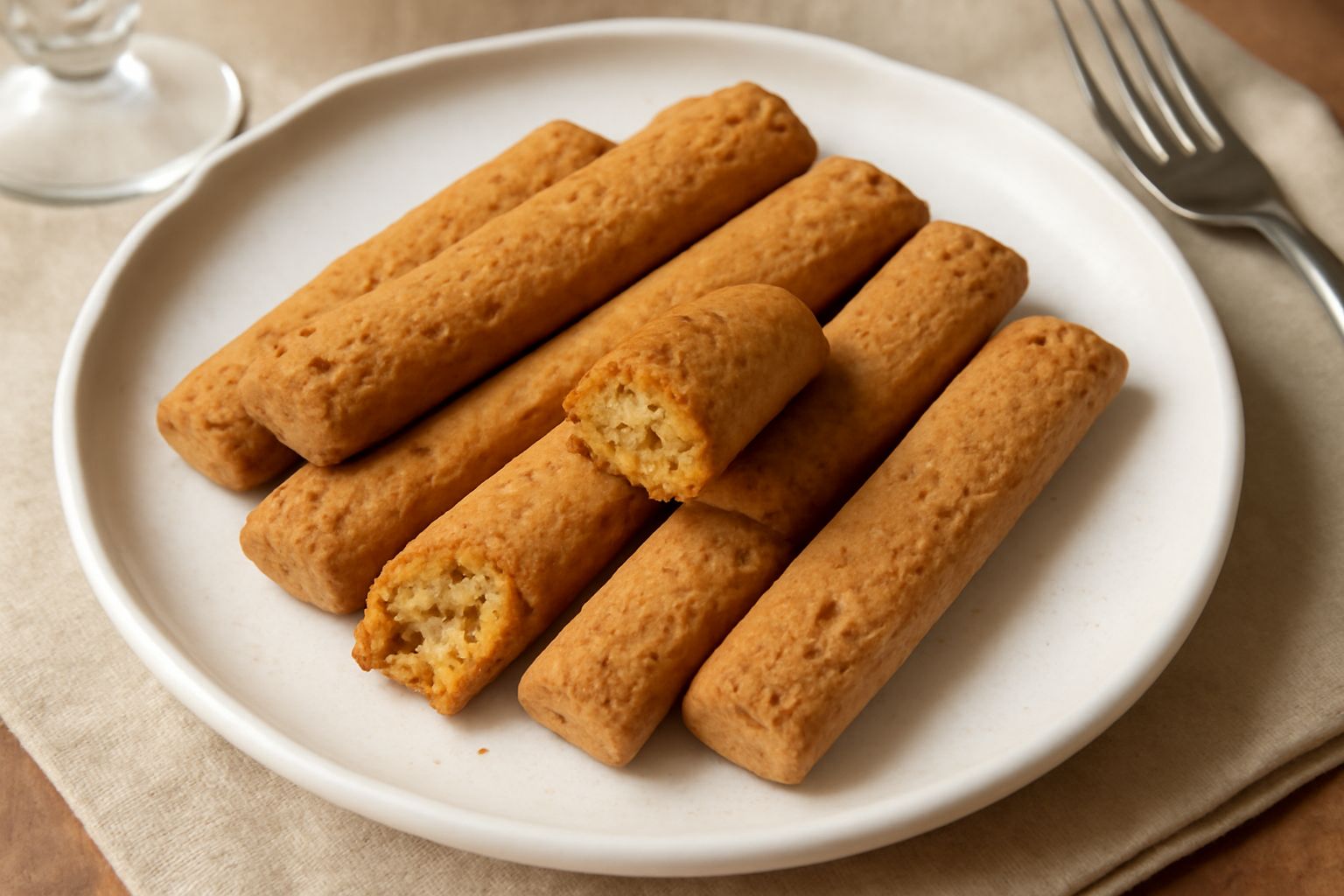Biscotti fiano di Puglia dorati e croccanti disposti su un piatto bianco, con noci visibili e una leggera polverina di zucchero, accanto a una tazza di caffè