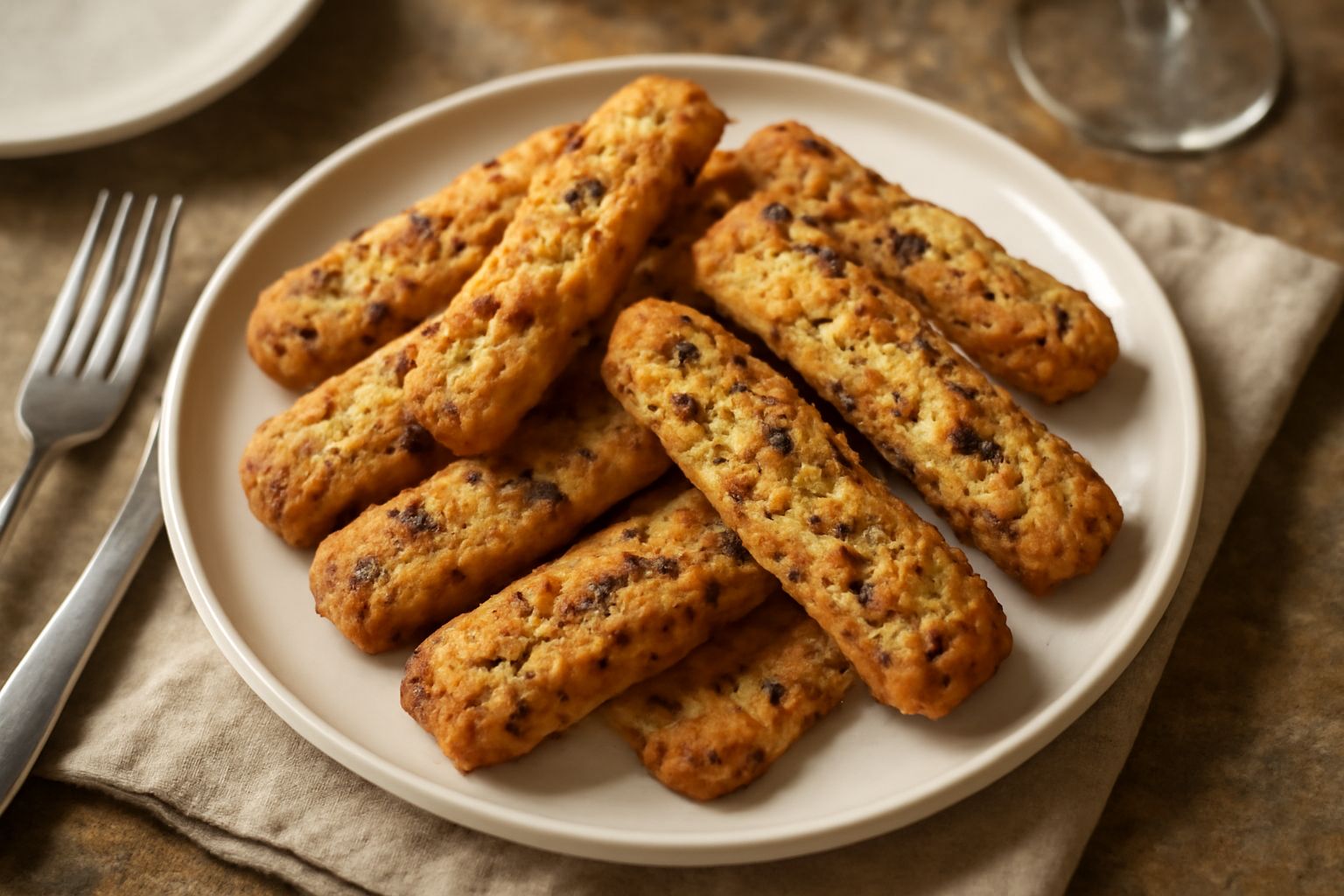 Ficattole dorate e croccanti disposte su una tavola di legno, con pezzetti di noce visibili e una leggera spolvero di zucchero, in luce naturale