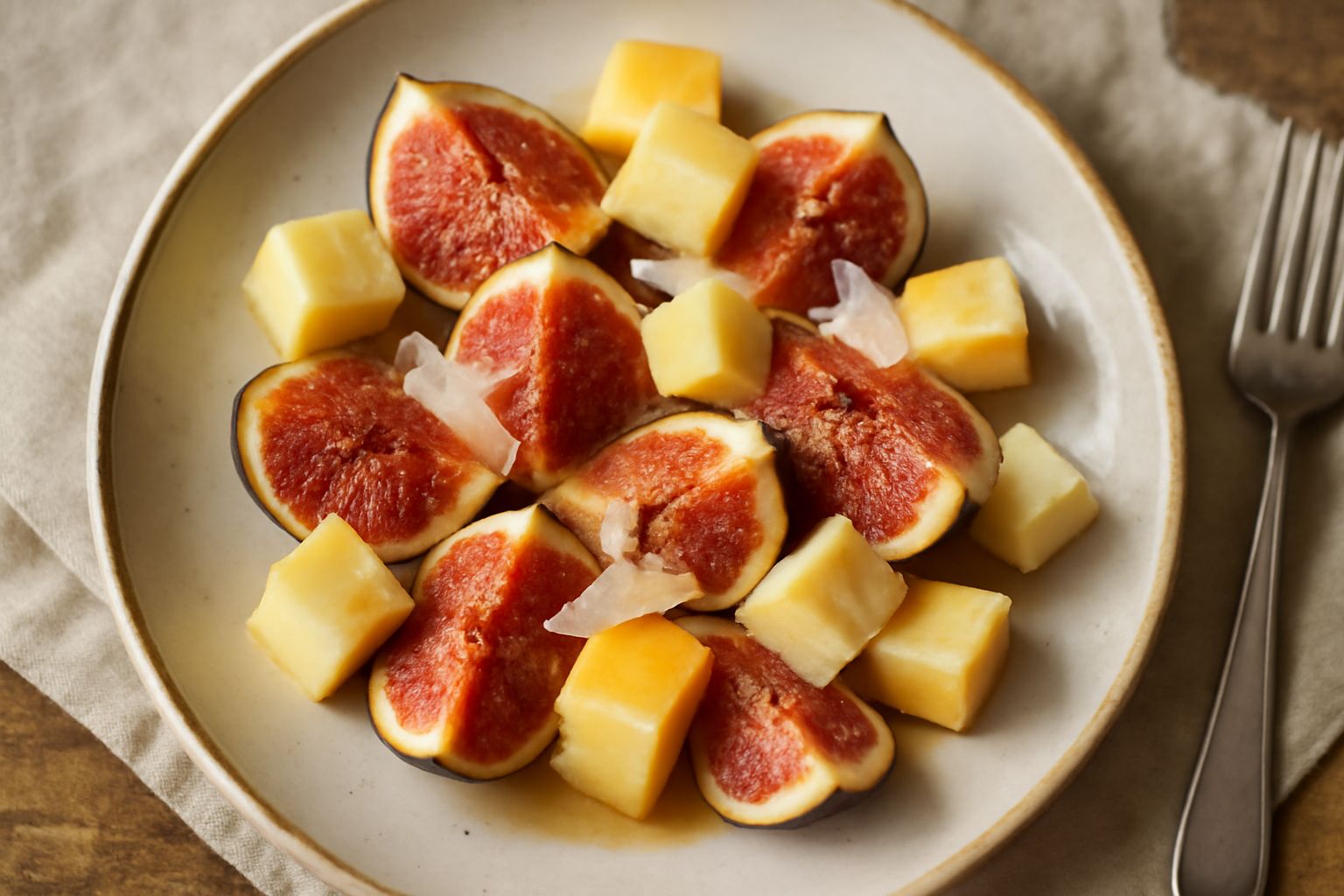 Piatto bianco con fichi freschi spaccati in quarti che rivelano la polpa rosa all'interno, affiancati da quadretti di formaggio cremoso color avorio e scaglie di formaggio stagionato dorato, garnito c