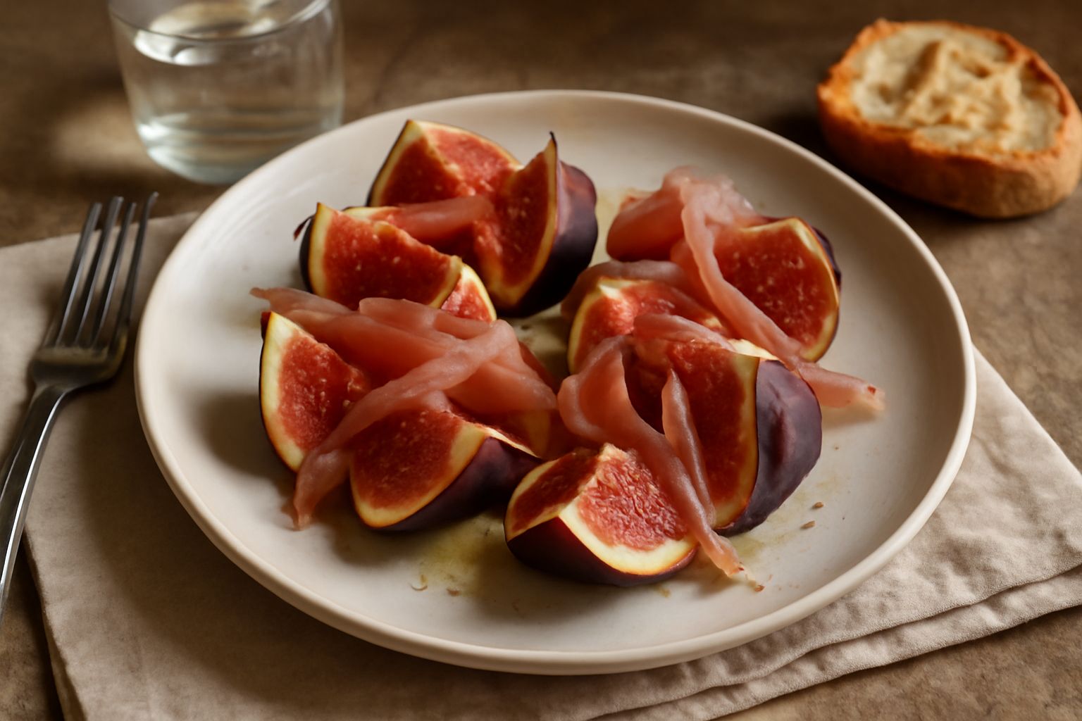 Quattro fichi freschi tagliati a metà con prosciutto crudo avvolto attorno, disposti su un piatto bianco con foglie di menta fresca e sfondo neutro