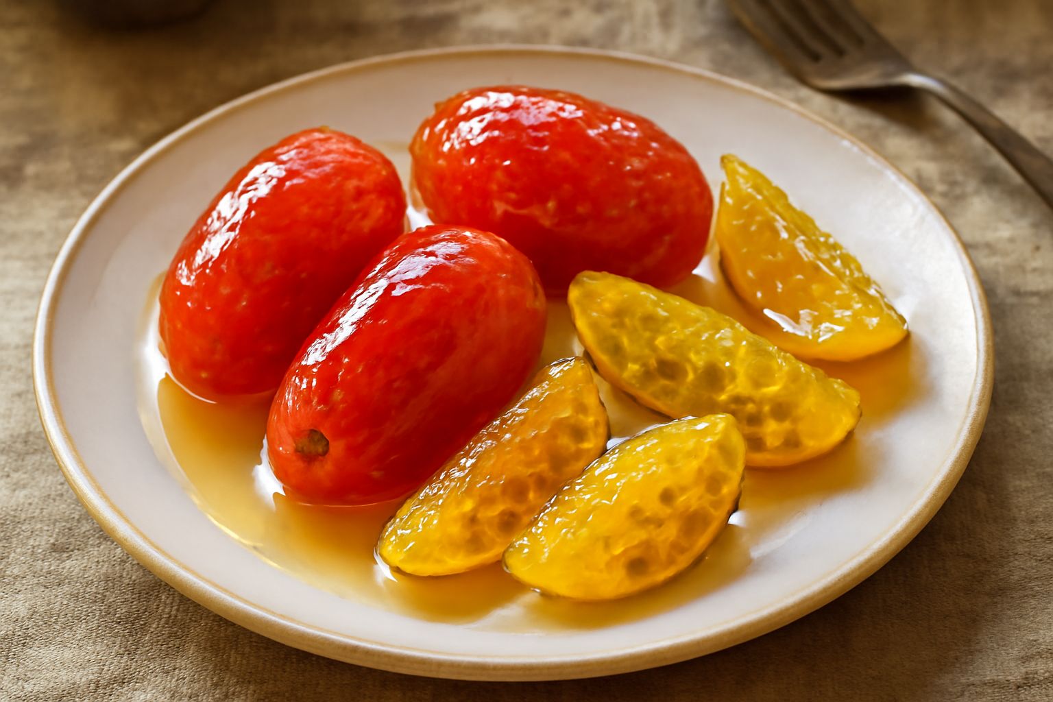 Fichi d'India canditi disposti su un vassoio bianco, di colore rosso acceso o giallo dorato, con buccia lucida e traslucida, circondati da cristalli di zucchero scintillanti, sfondo neutro chiaro