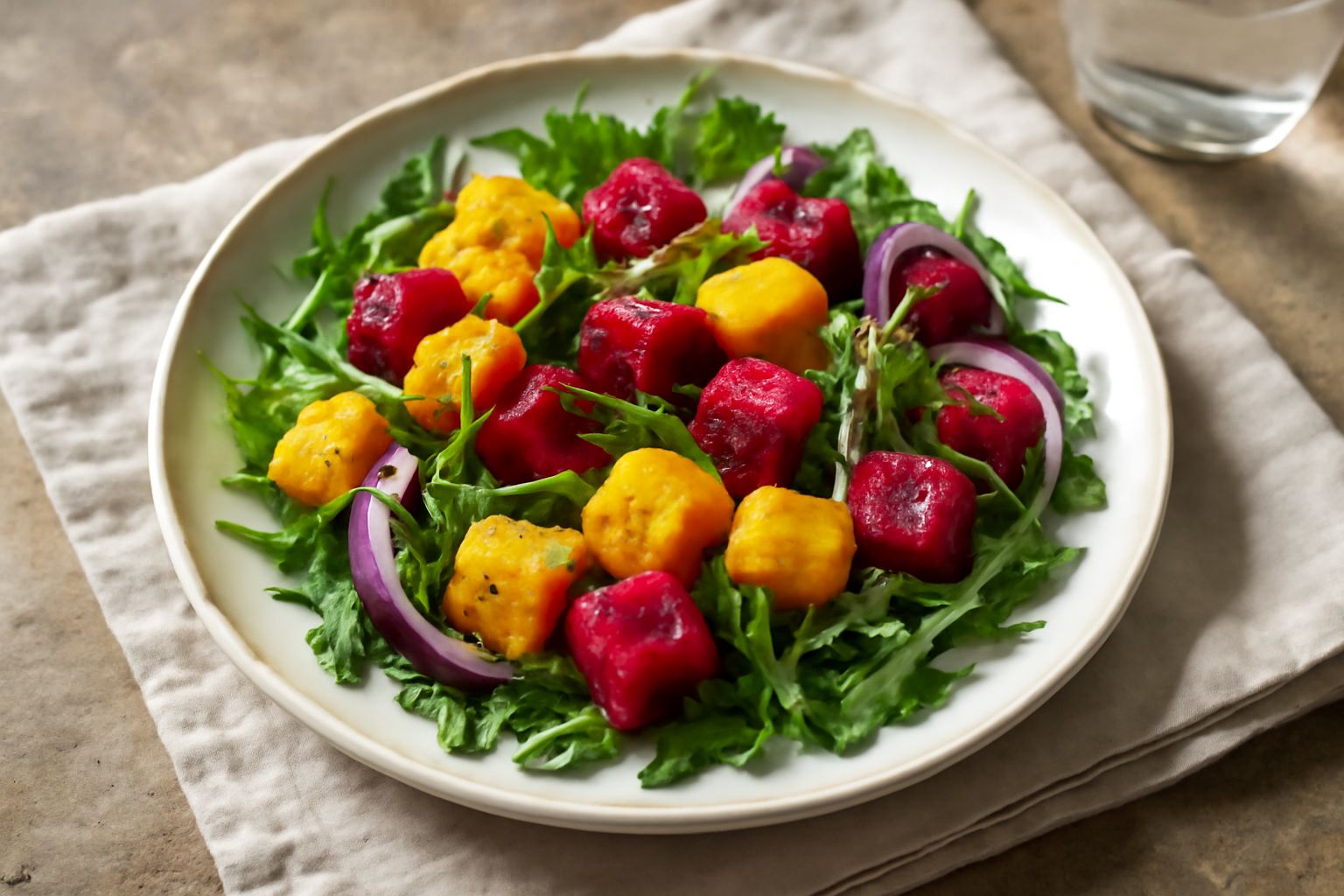 Piatto bianco con insalata di fichi d'India a dadini, gialli e rossi acceso, mescolati a rucola fresca e fettine sottili di cipolla rossa, conditi con gocce di limone
