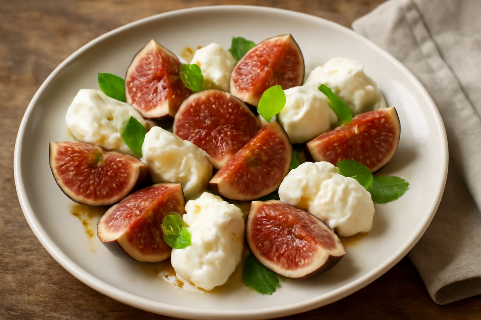 Fichi rossi e viola aperti a metà con mozzarella fresca bianca in mezzo, su un piatto bianco con foglie di menta verde fresca, gocce di miele dorato sui fichi, sfondo neutro grigio chiaro