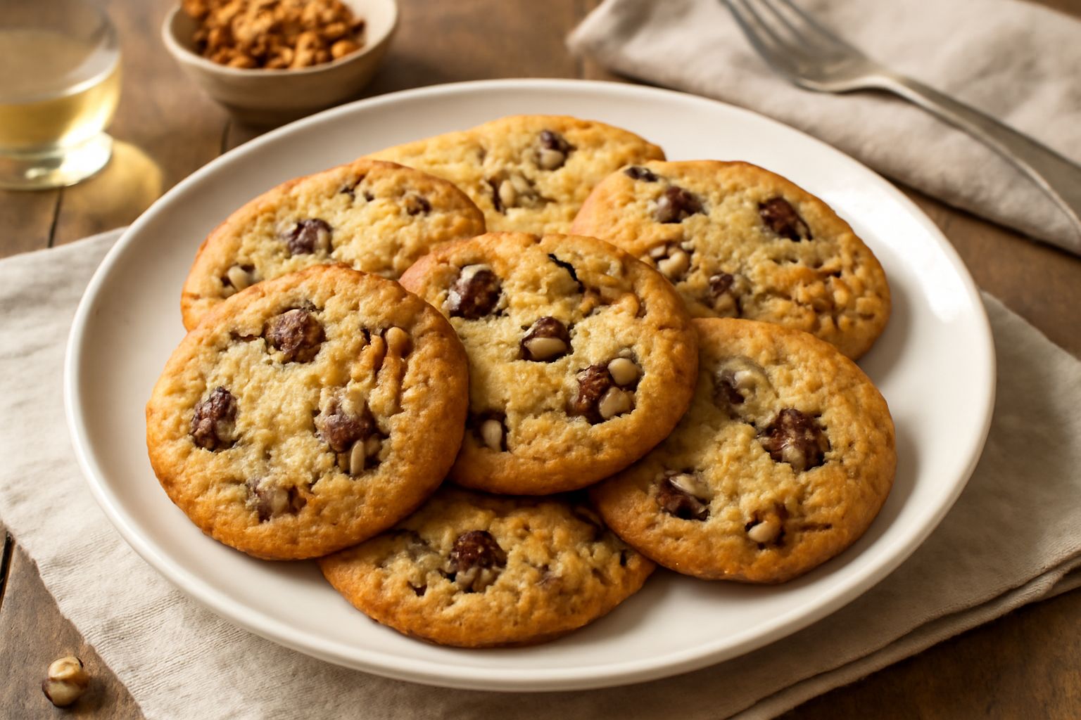 Biscotti color nocciola disposti su una tavola di legno chiaro, spezzati a metà mostrando dentro pezzetti di fico scuro e granelli di noce, con una ciotola di noci intere sullo sfondo