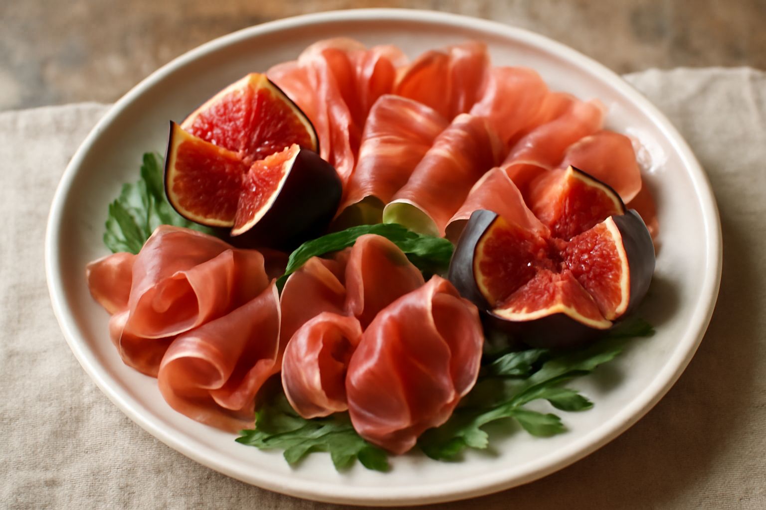 Piatto bianco con fichi viola tagliati a metà, spaccature rosso-rosa visibili all'interno, prosciutto crudo affettato sottile arrotolato e spianato attorno, guarnizione di foglie di rucola fresca, col