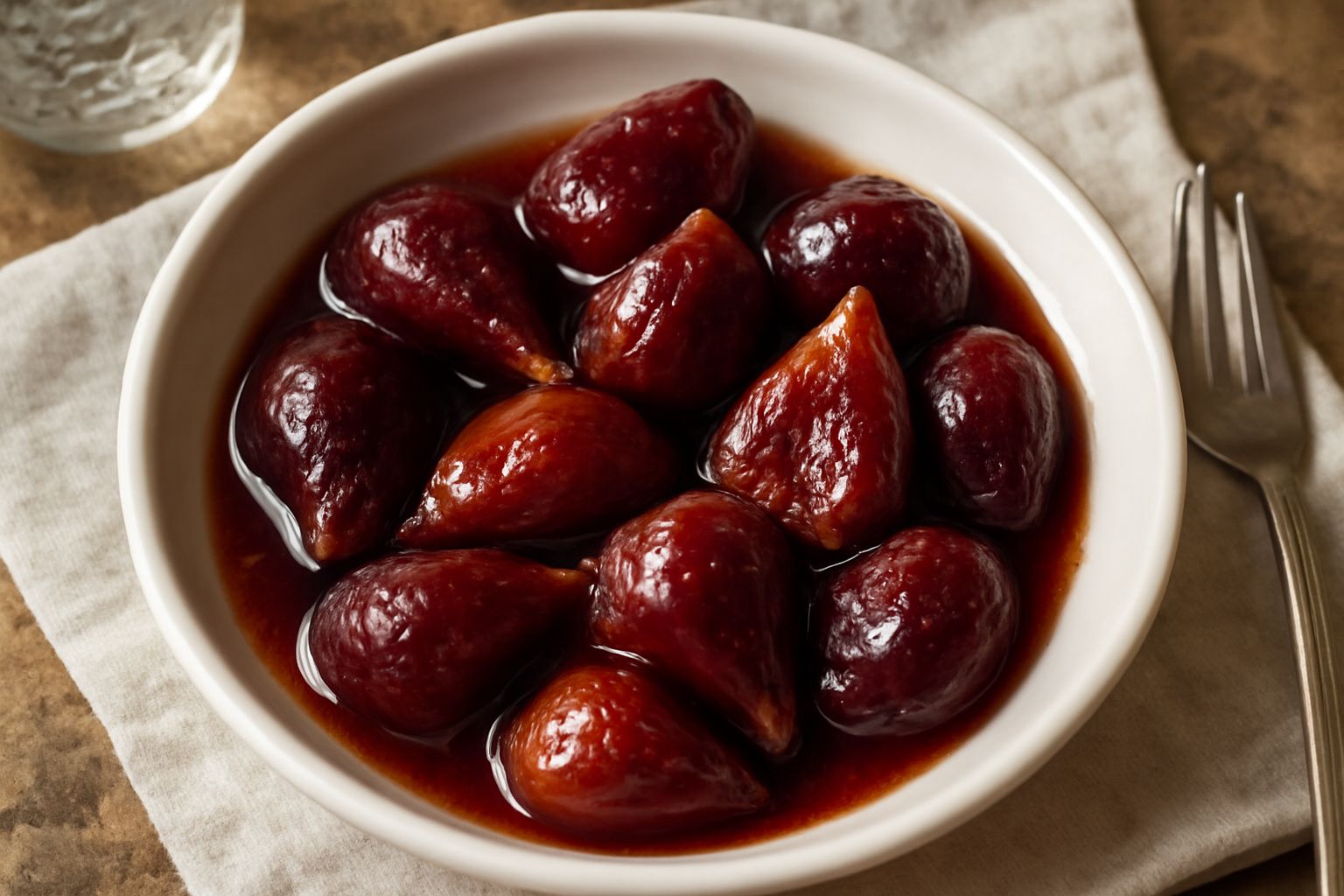 Fichi rossi e violetti in agrodolce disposti in una ciotola bianca, lucidi di glassa, con spezie visibili e fili di miele, su sfondo di legno naturale