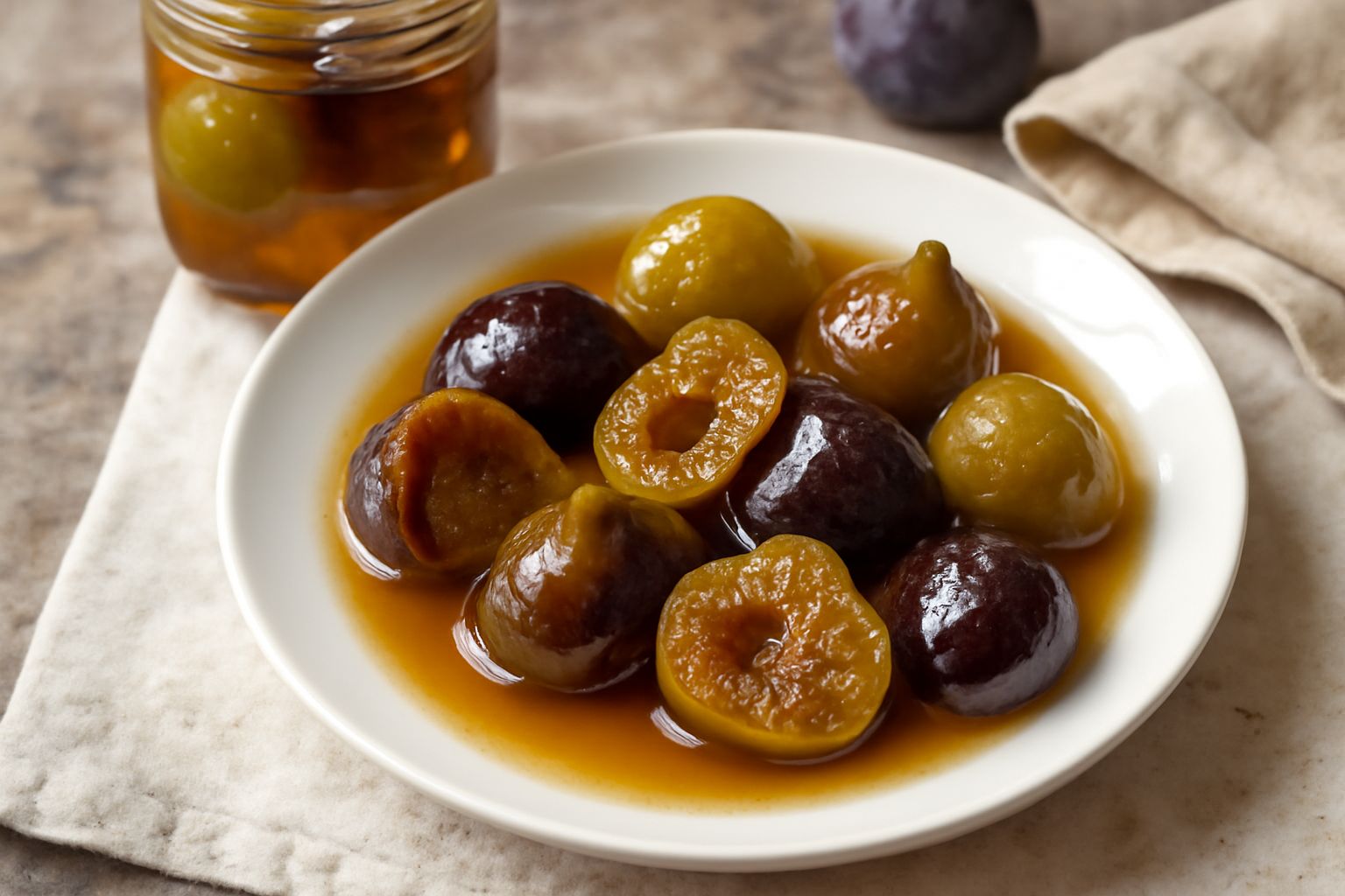 Vasetto di vetro trasparente pieno di fichi interi viola scuro immersi in sciroppo trasparente e denso, chiuso con coperchio ermetico, su sfondo bianco
