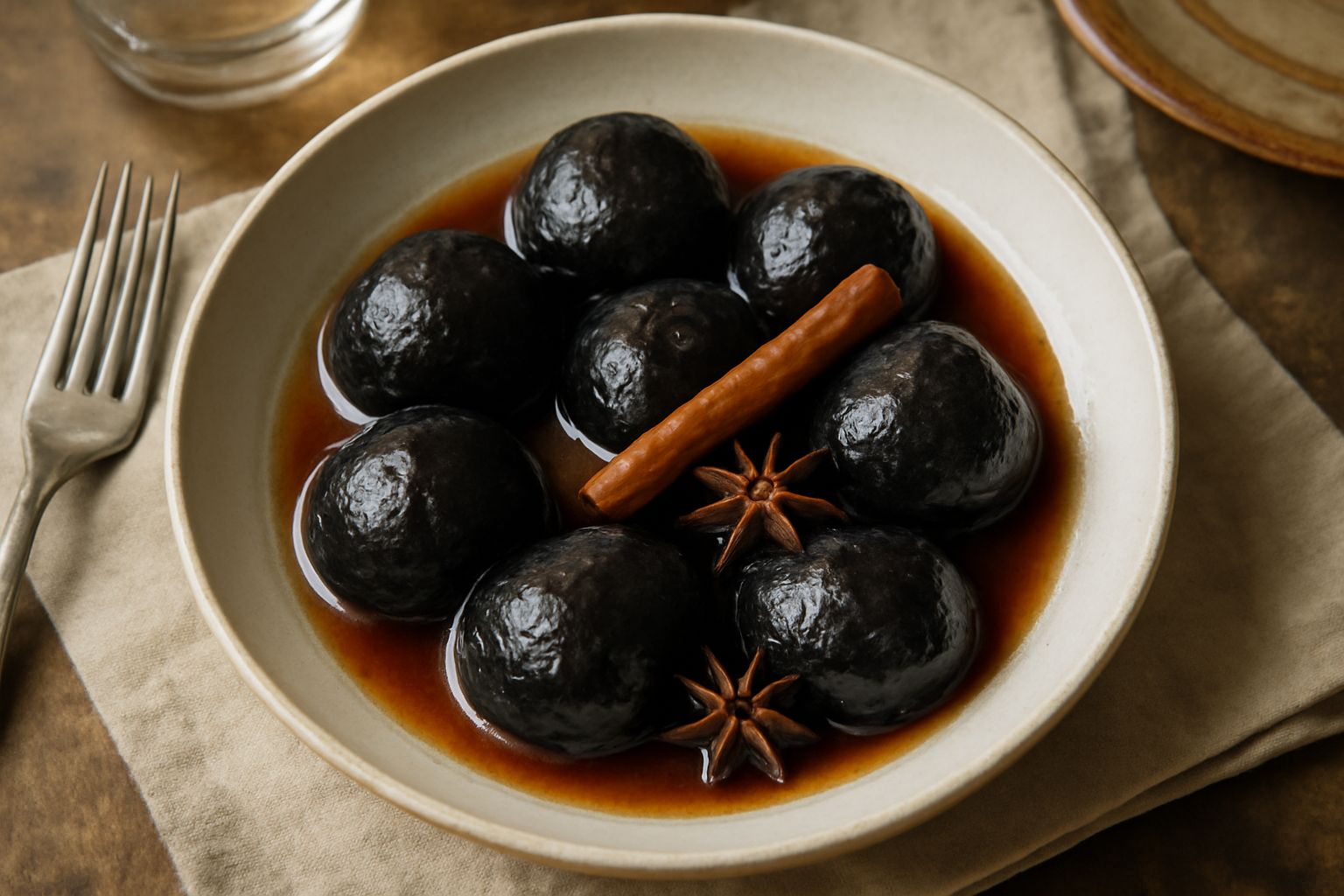 Fichi scuri cotti in umido in una ciotola di ceramica bianca, ricoperti di sciroppo denso e ambrato, con una stecca di cannella e chicchi di anice stellato visibili sulla superficie