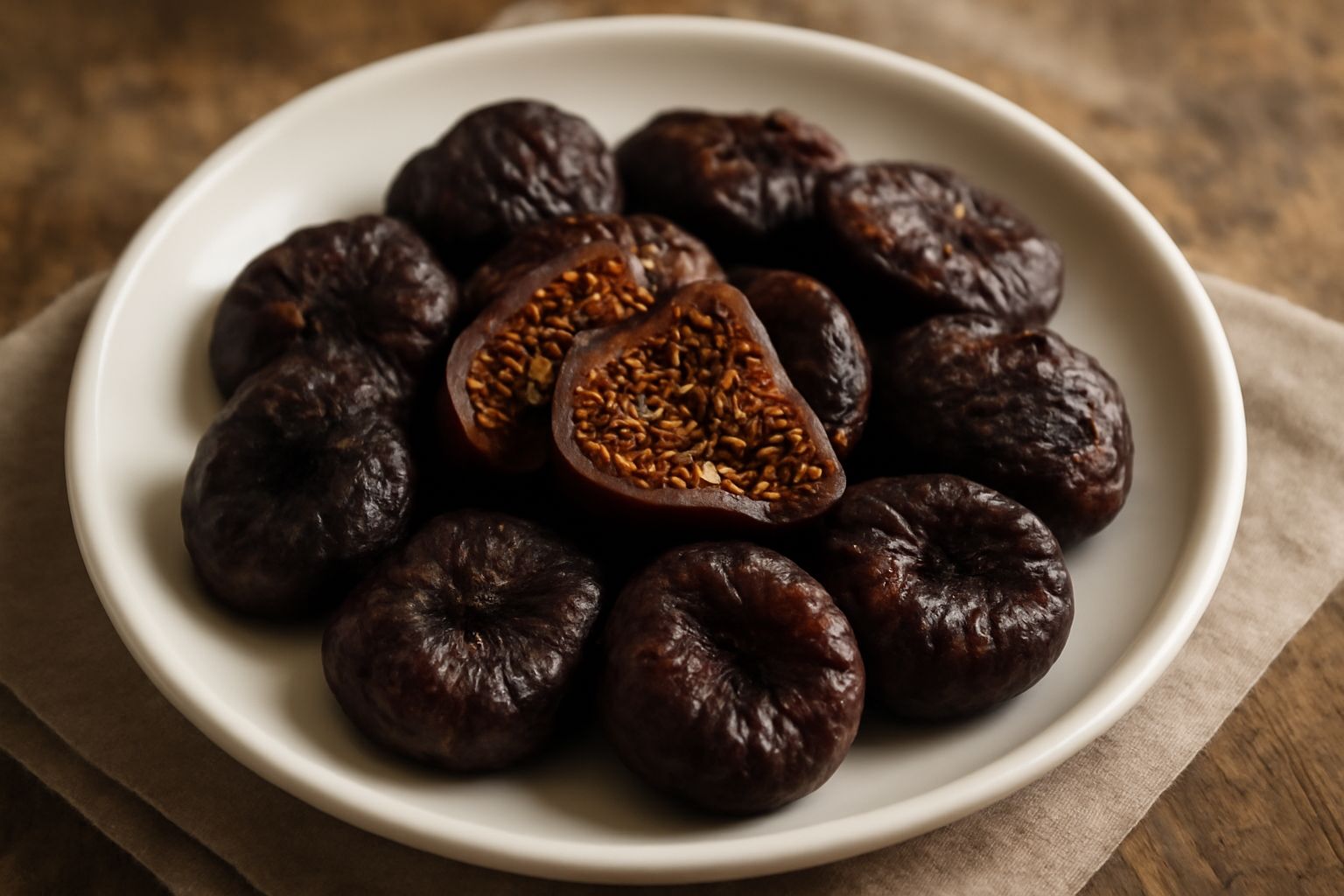 Fichi secchi marrone scuro ammucchiati in una ciotola di ceramica bianca, tagliati a metà con noci pecan sparse intorno su uno sfondo di legno grezzo