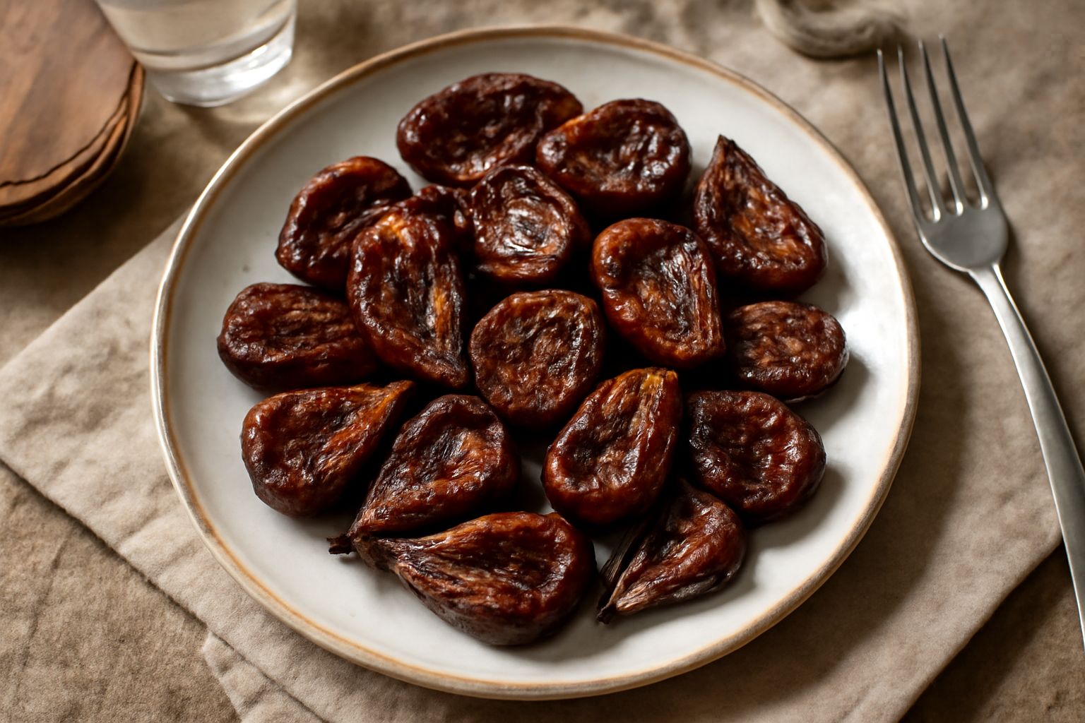 Fichi secchi scuri disposti su una teglia di carta da forno, dorati e leggermente caramellati ai bordi, con la polpa visibile dalle crepe naturali