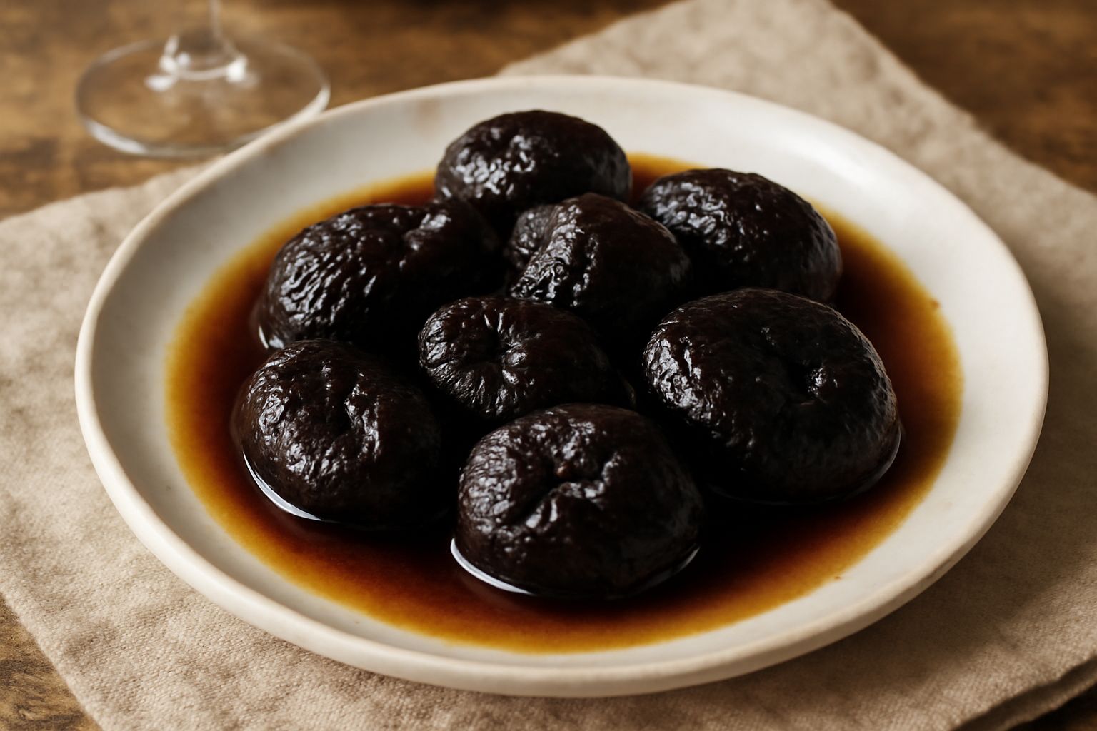 Fichi secchi scuri e lucidi immersi in mosto cotto color ambra in un barattolo di vetro trasparente, con il liquido che ricopre completamente i frutti, illuminati dalla luce naturale