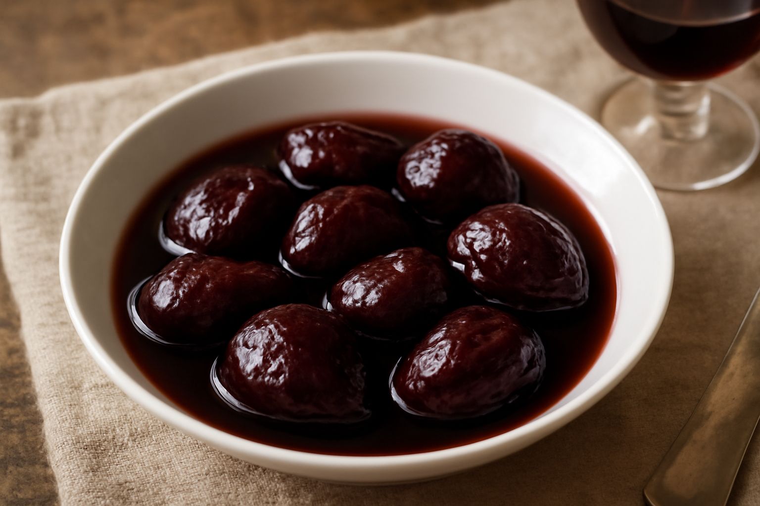 Fichi secchi scuri immersi in vino rosso in una ciotola di vetro trasparente, con buccia rugosa visibile e liquido color bordeaux che circonda i frutti ammollati