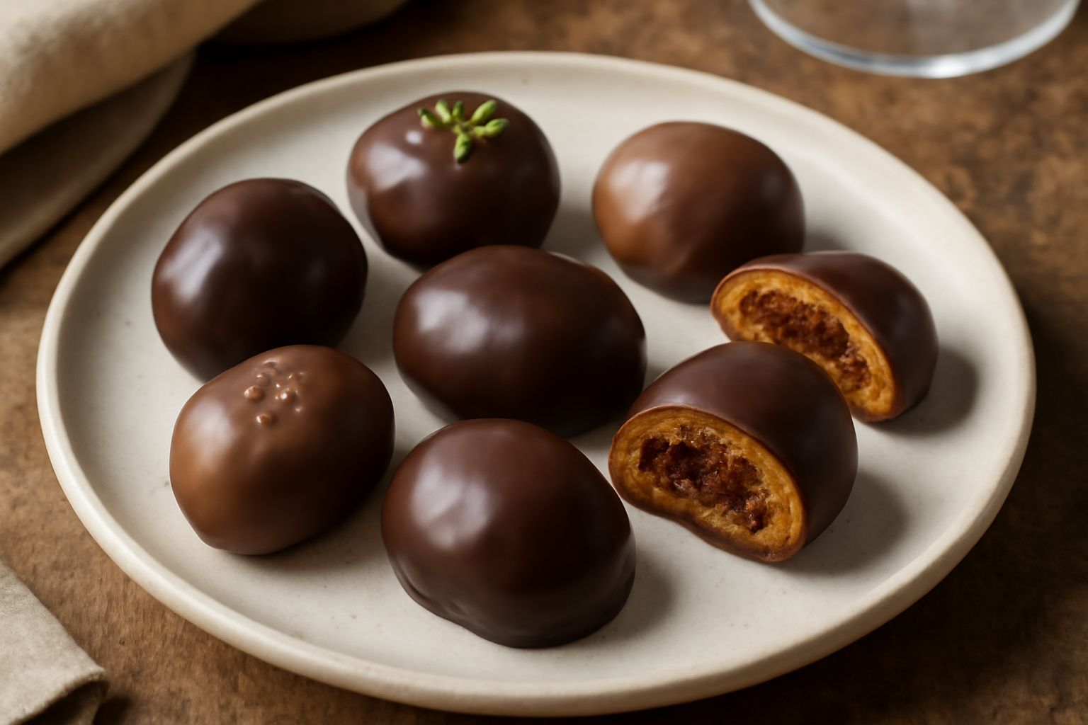Fichi secchi interi ricoperti di cioccolato fondente e al latte, disposti su un piatto bianco. Alcuni hanno una leggera spruzzata di nocciola tritata, altri sono lisci e lucidi. La luce mette in risal