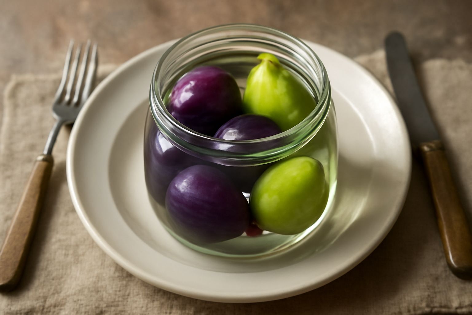 Fichi interi color viola-scuro immersi in acqua trasparente dentro un barattolo di vetro, con foglie verdi fresche e gocce d'acqua sulla superficie del frutto