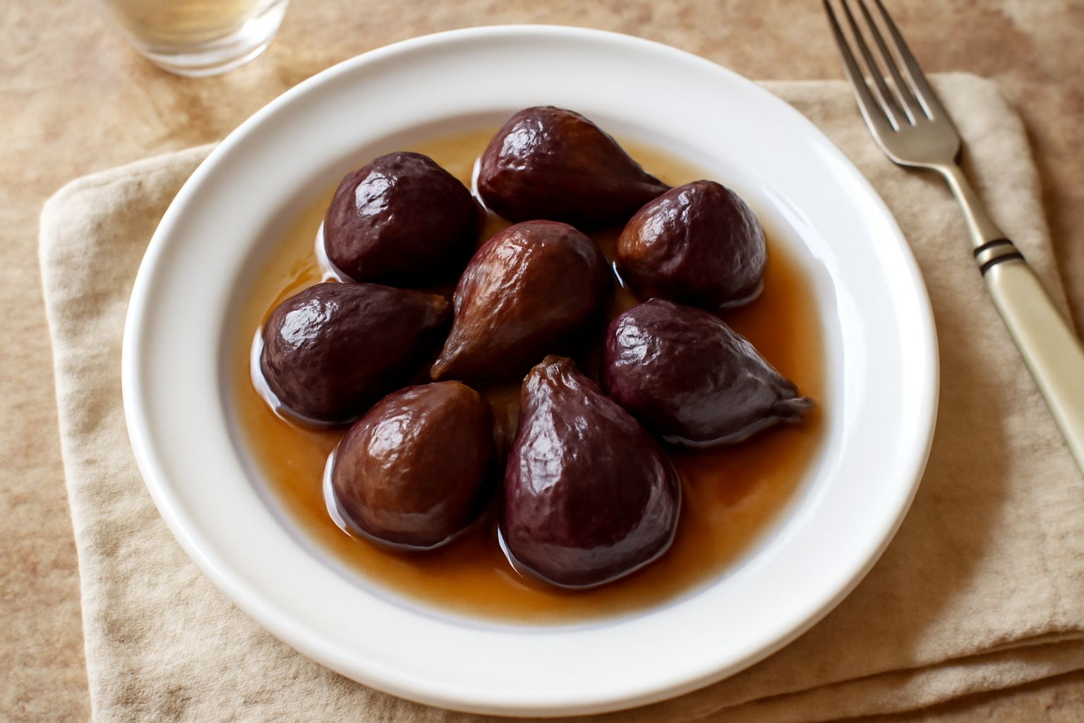 Vasetto di vetro con fichi scuri semi-conservati sotto aceto trasparente e ambrato, con chiodi di garofano e pepe nero visibili, su tavolo di legno chiaro con fichi freschi accanto