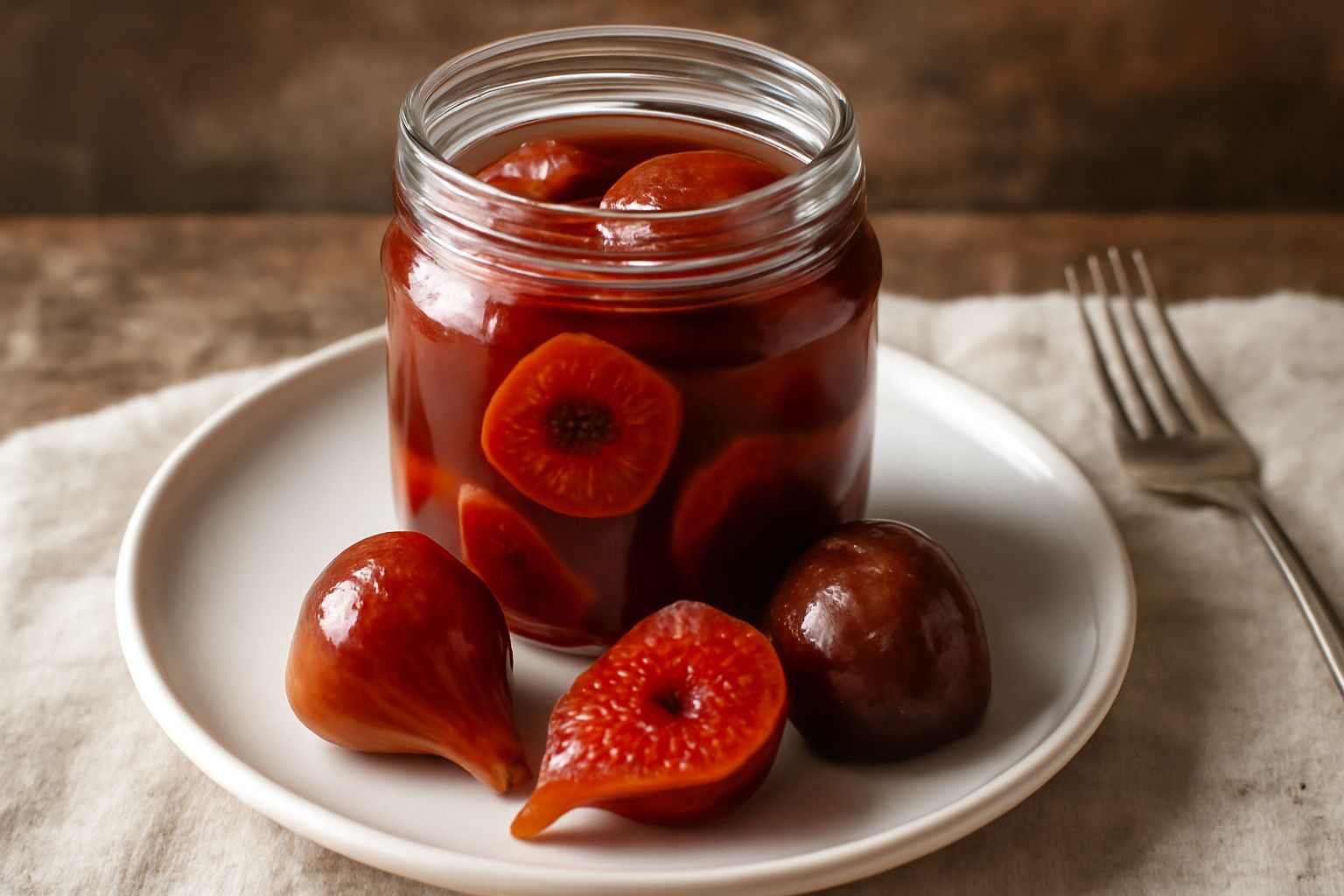 Vasetto di vetro trasparente con fichi interi rosso scuro immersi in liquido ambrato semi-trasparente, sigillato con coperchio, disposto su tavolo di legno chiaro con sfondo sfocato di altre conserve