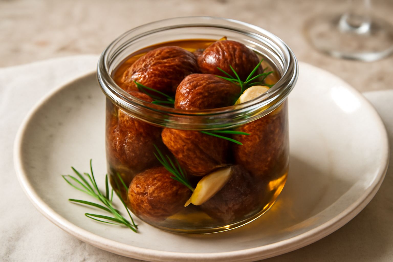 Barattolo di vetro trasparente con fichi interi di colore marrone scuro immersi in olio dorato, con rametti di rosmarino e spicchi d'aglio visibili tra i frutti, su sfondo bianco