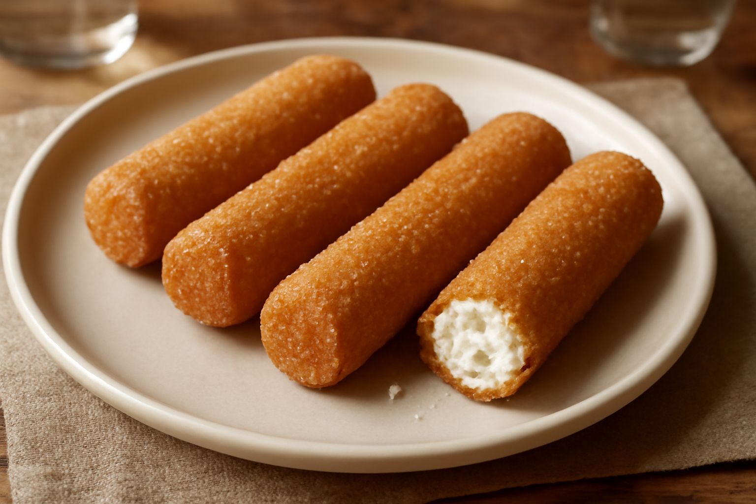 Fidellini dolci dorati disposti su un piatto bianco, croccantizie visibile sulla superficie, spolverati di zucchero a velo, sfondo chiaro con tavolo di legno