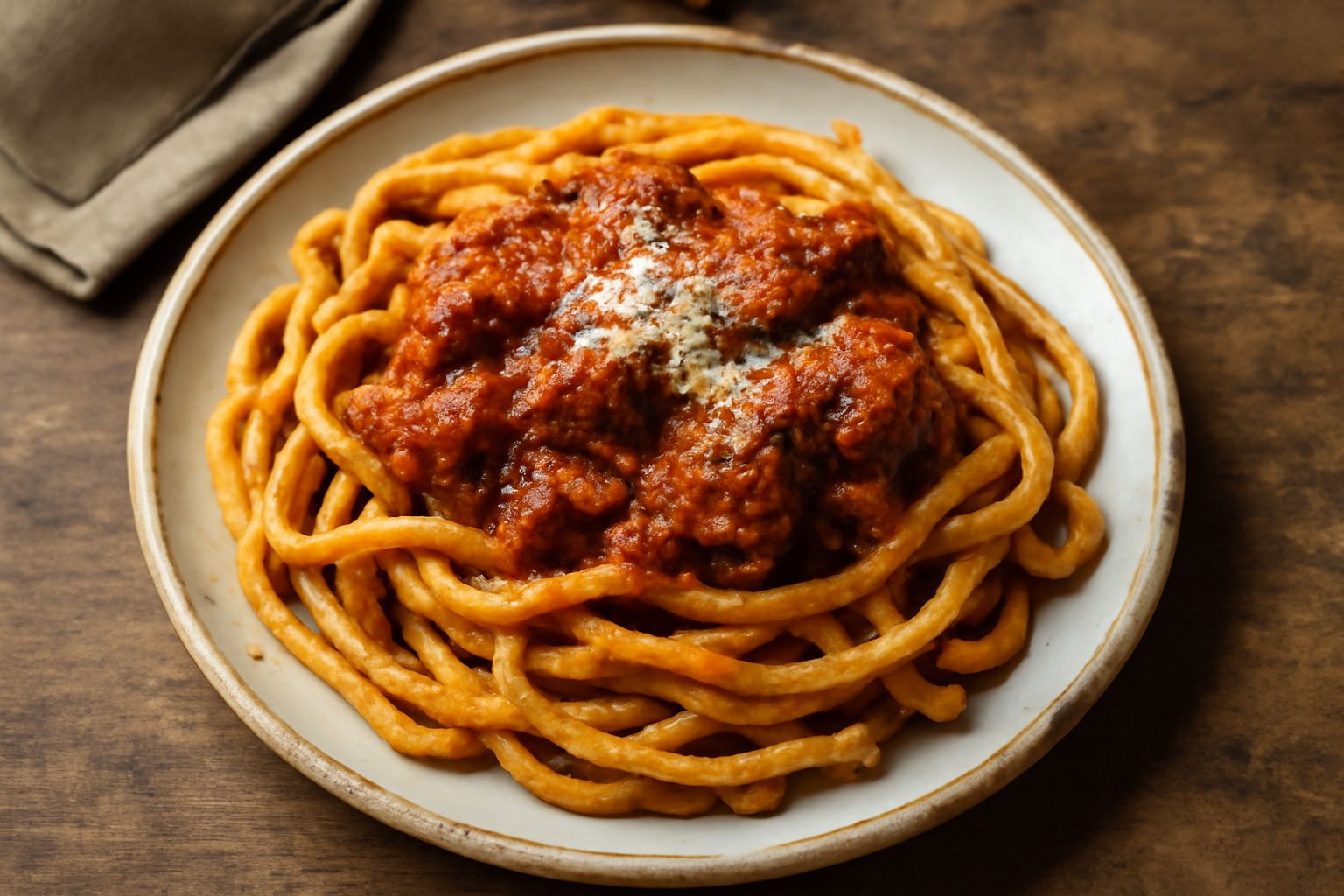 Piatto di fileja ca' ragù con pasta arrotolata beige-dorata ricoperta di ragù rosso scuro di carne, grattugia di formaggio pecorino bianco, servito in piatto bianco fondo
