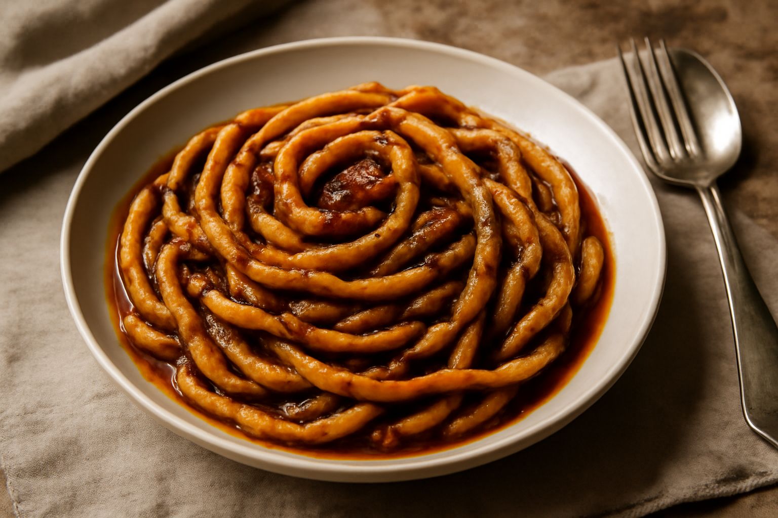 Piatto fondo bianco con fileja avvolta a spirale color oro, condita con ragù di carne scuro e ricco, con gocce di sugo rossastro visibile sulla pasta, bordo del piatto pulito