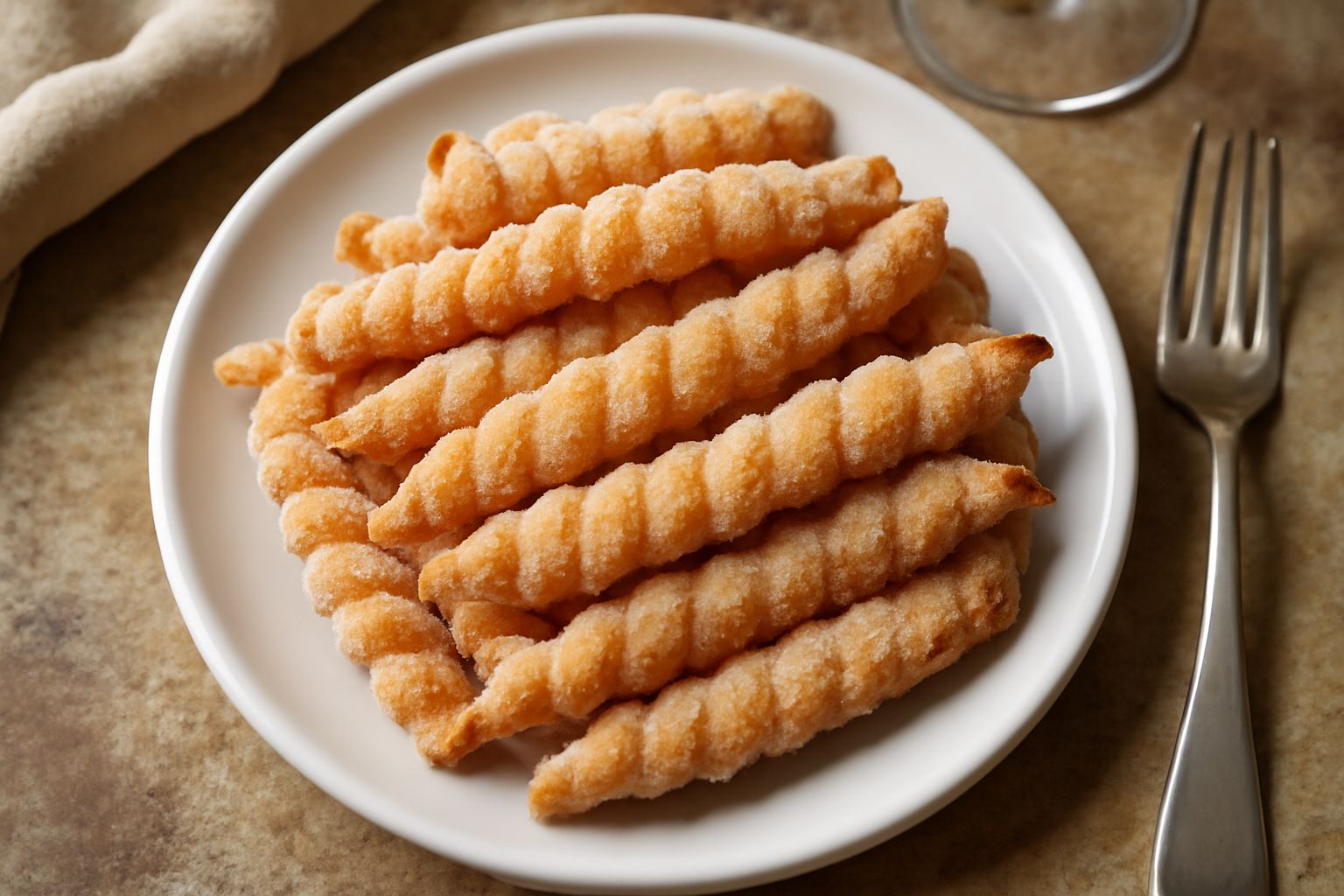 Cinque «fileja dolce» fritte dorate e croccanti, disposte in fila su un piatto bianco, ricoperte di zucchero granulato bianco e un leggero velo di cannella, con stecchini di legno ancora infilati