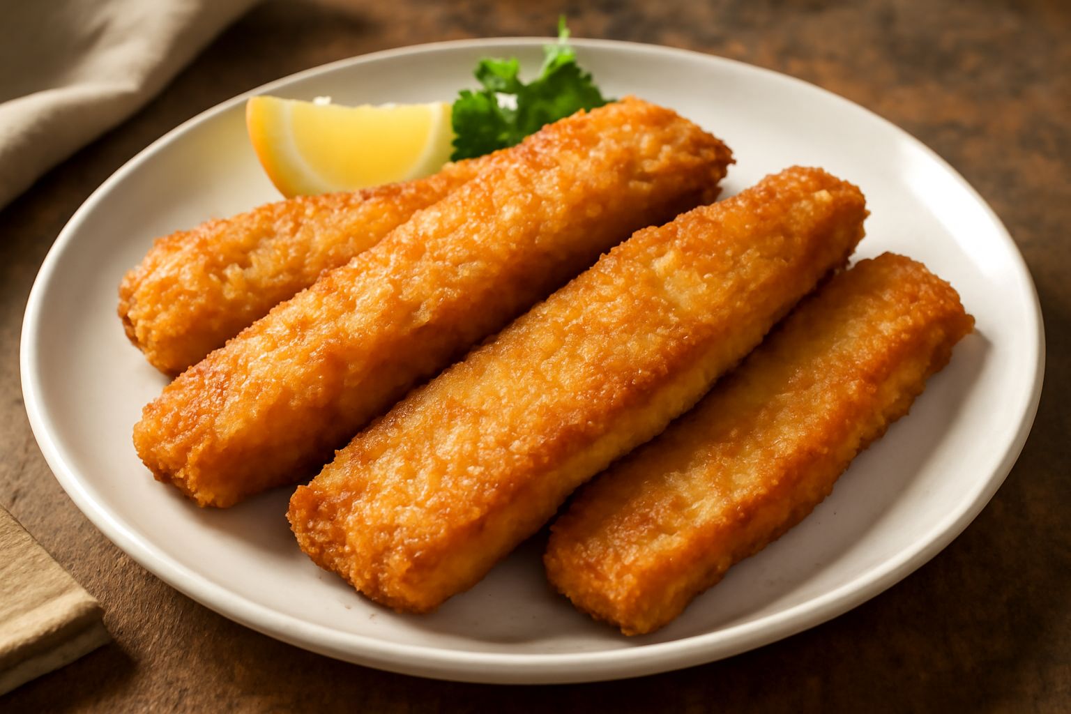 Filetti di merluzzo fritti dorati e croccanti su carta assorbente bianca, con limone affettato e prezzemolo fresco adagiati accanto, sfondo bianco neutro