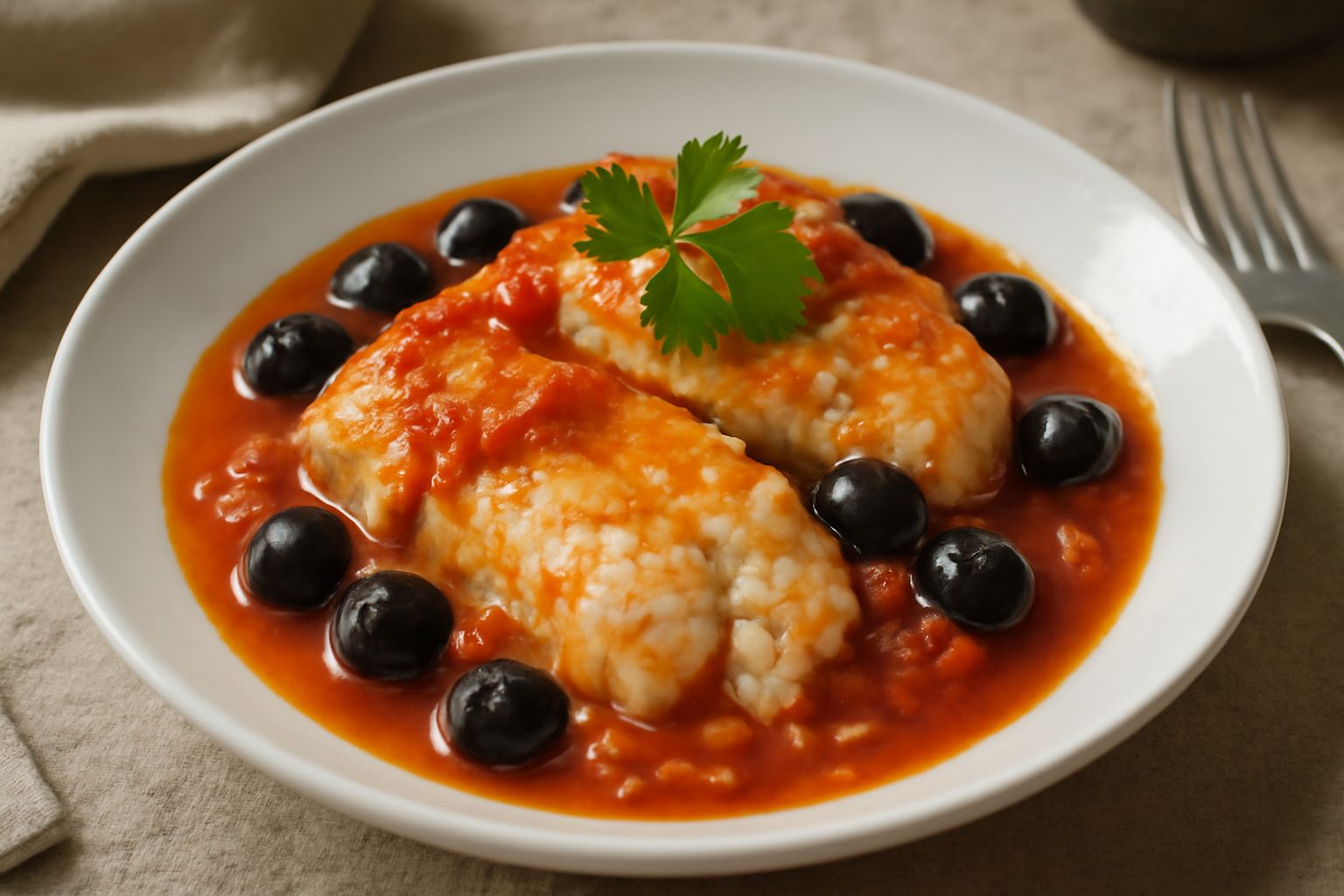 Filetti di merluzzo bianco cotti in umido in un piatto fondo di porcellana bianca, circondati da salsa rossa di pomodoro con olive nere e cipolla cotta, con un rametto di prezzemolo fresco sopra il pe