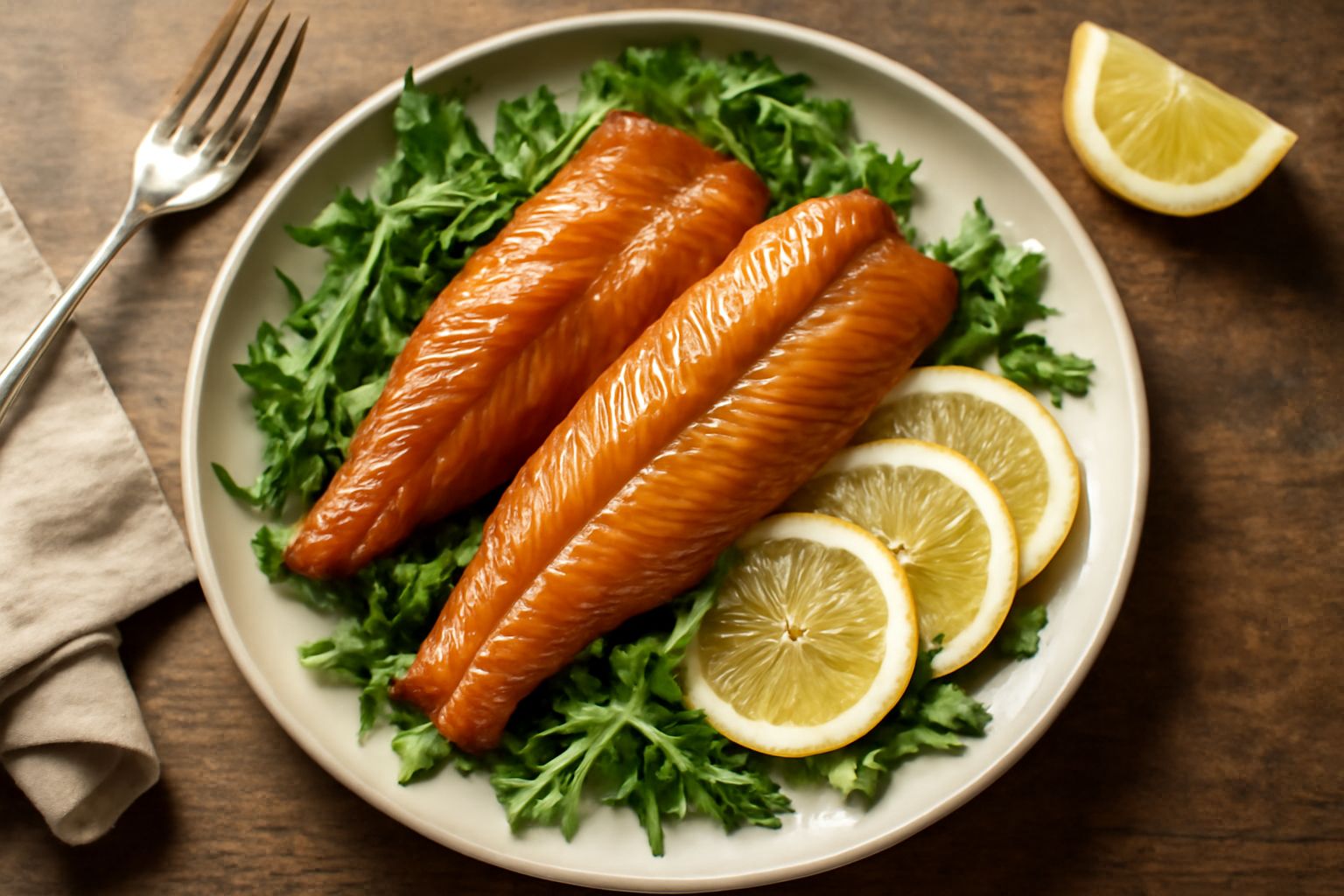 Tre filetti di trota affumicata color rame su un piatto bianco, su un letto di rucola fresca, con fettine di limone giallo limone e una spruzzata di pepe nero, accompagnati da pane tostato beige ai la