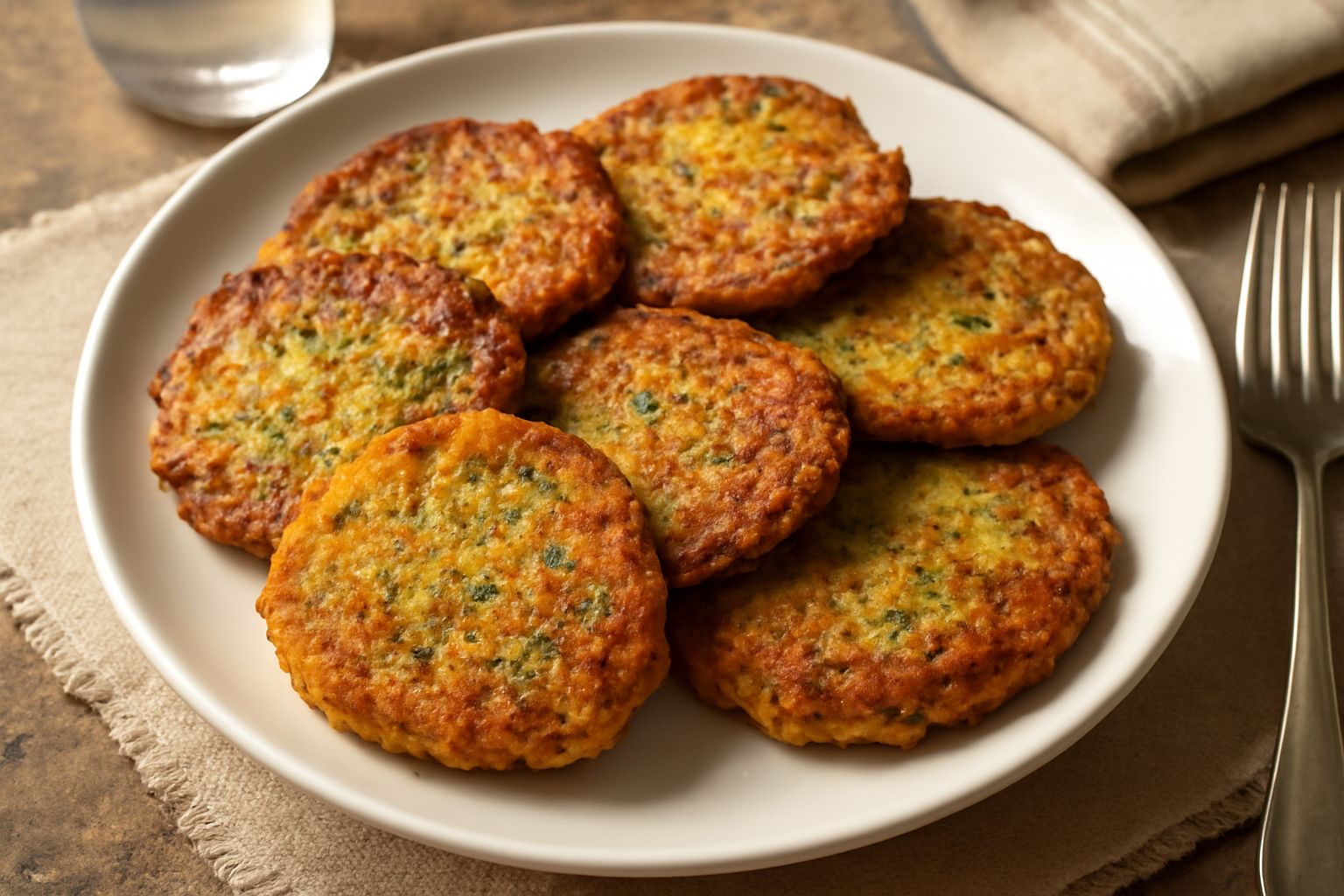 Filighe dorate e croccanti impilate su un piatto bianco, fragranti di verdure, con zucchine e carote visibili, vapore leggero, fette di limone ai lati