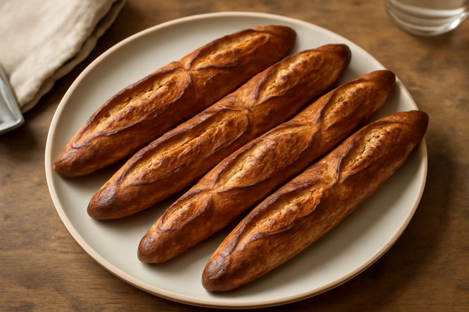 Tre filoncini dorati e croccanti appena sfornati, disposti su una tavola di legno, con una leggera spolverata di farina sulla superficie e crepe caratteristiche sulla crosta