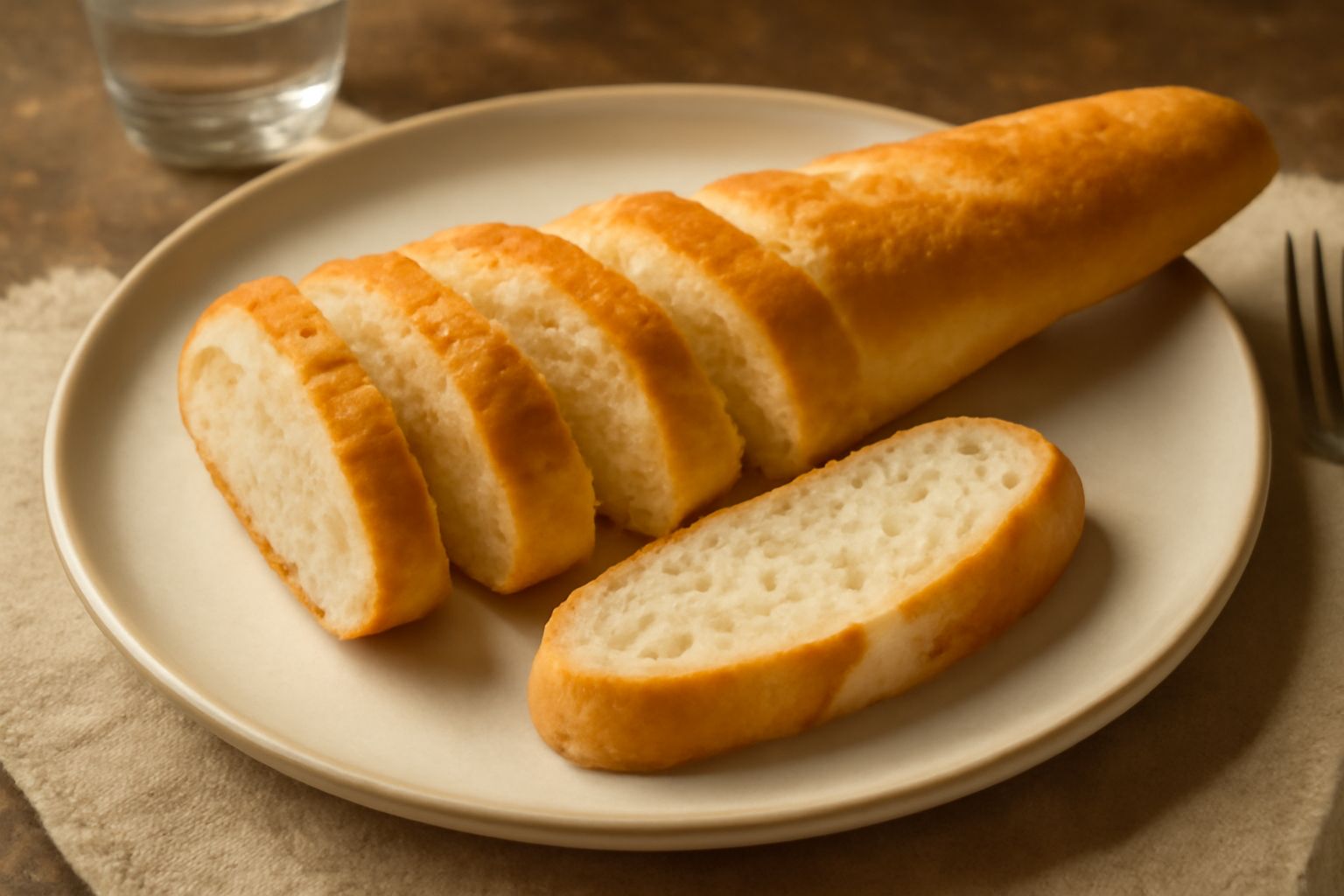 Un filoncino dorato caldo, appena sfornato, tagliato in fette su un piatto di ceramica bianca con grani di sale e una manciata di grano intero