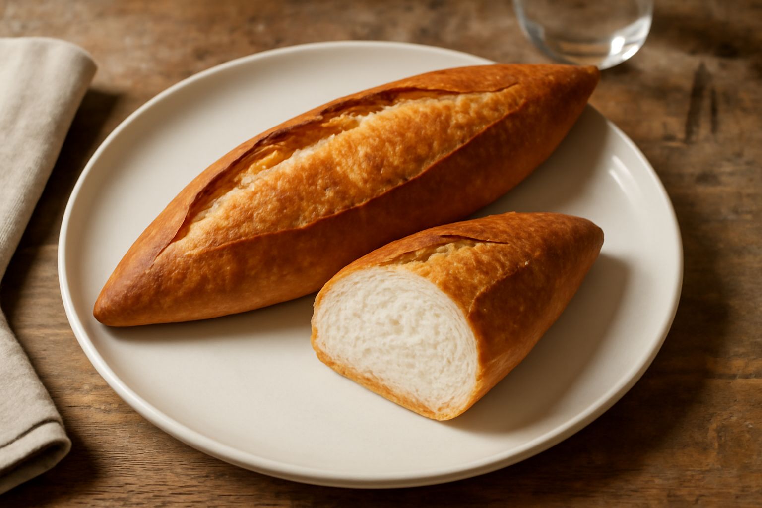 Filone di pane casereccio appena sfornato, crosta dorata e screpolata lungo la lunghezza, disposto su una tavola di legno con un coltello accanto e una tazza di olio d'oliva sullo sfondo